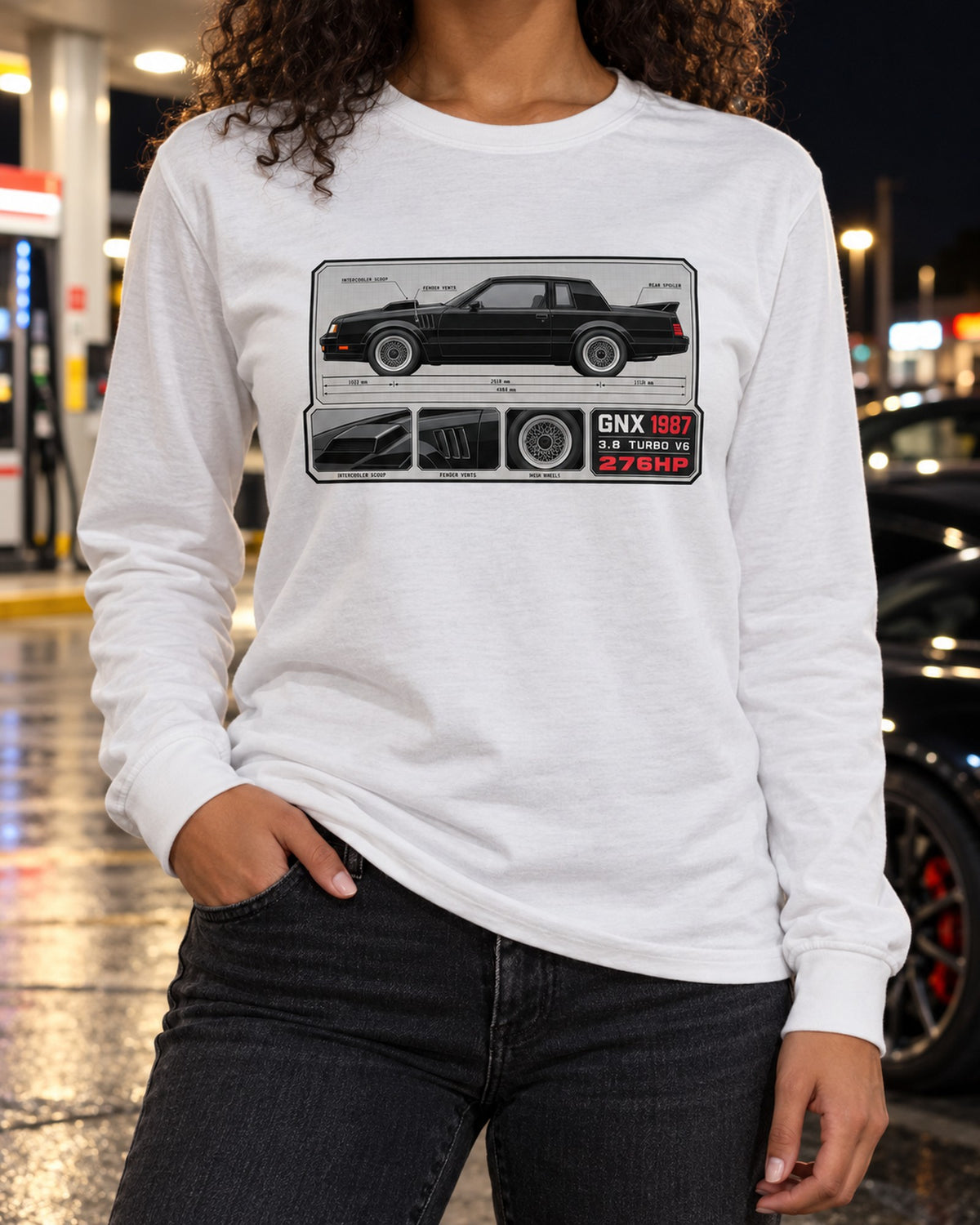 1987 Buick GNX Spec Sheet Shirt, Turbo V6 Car Guy Gift Long Sleeve White worn hero