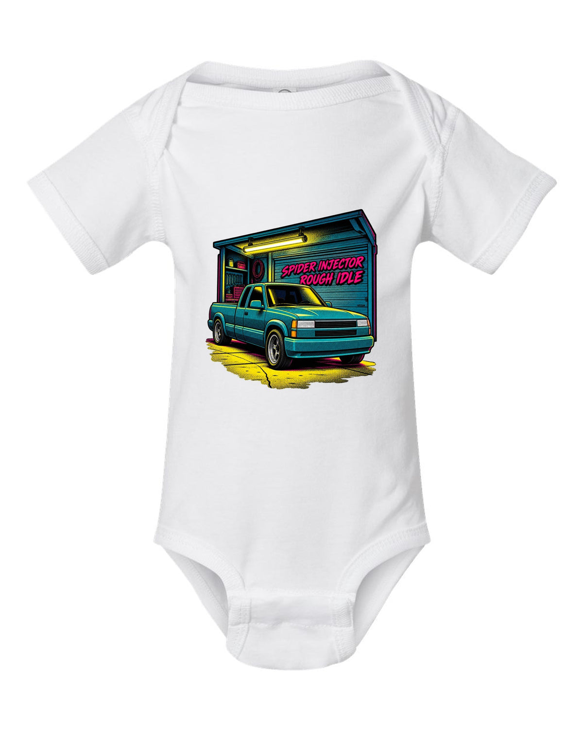 Comic halftone pop-art print of a 1988-98 Chevrolet GMT400 C1500 OBS extended cab with spider injector rough idle lettering white baby onesie front view with the design