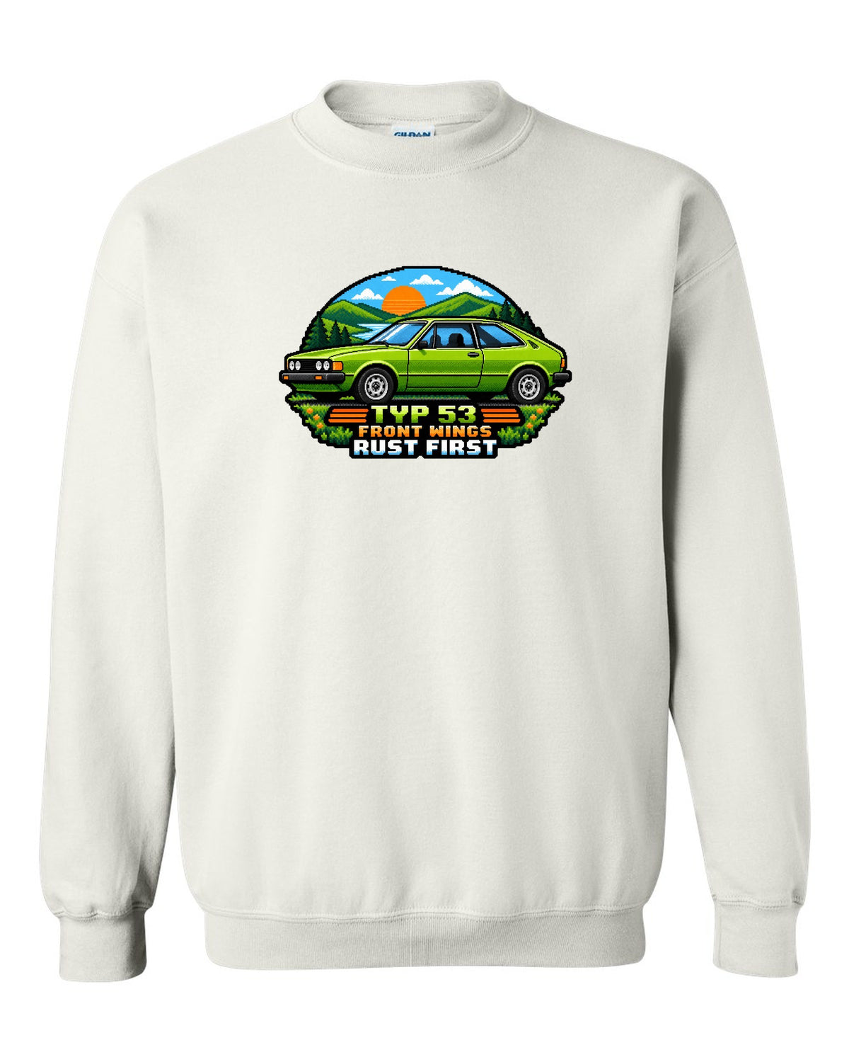 8/16-bit pixel art of a VW Scirocco Mk1 Typ 53 with front wings rust first text white crewneck front view with the design