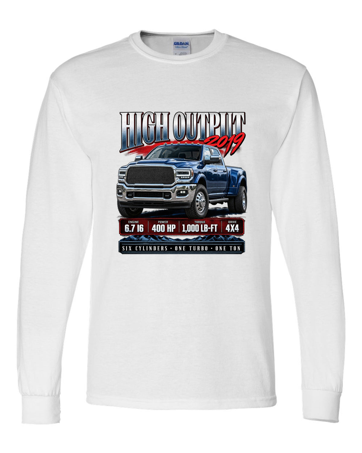 Archive panel of a 2019 Ram 3500 5th gen High Output 6.7 with 400 HP and 1,000 lb-ft white long sleeve front view with the design