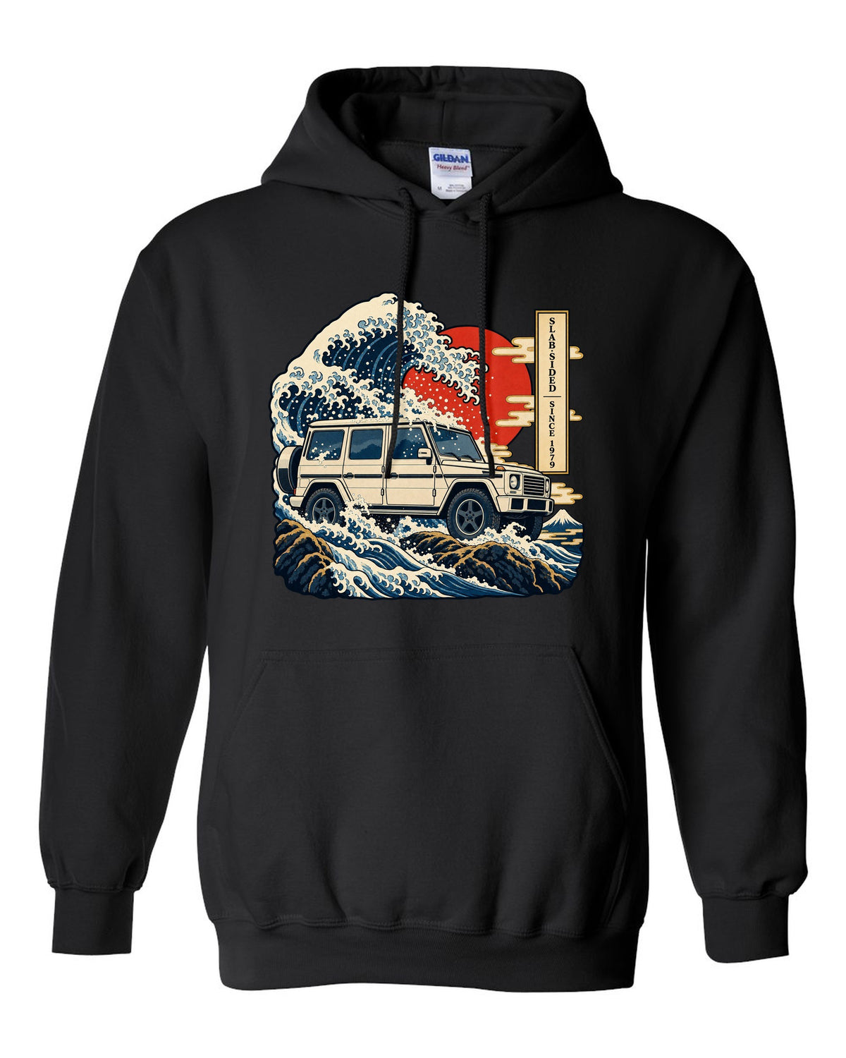 Bold crest graphic reading 577 HP and 2.5 Tonnes for the Mercedes G63 W464, print black pull over hoodie front view with the design