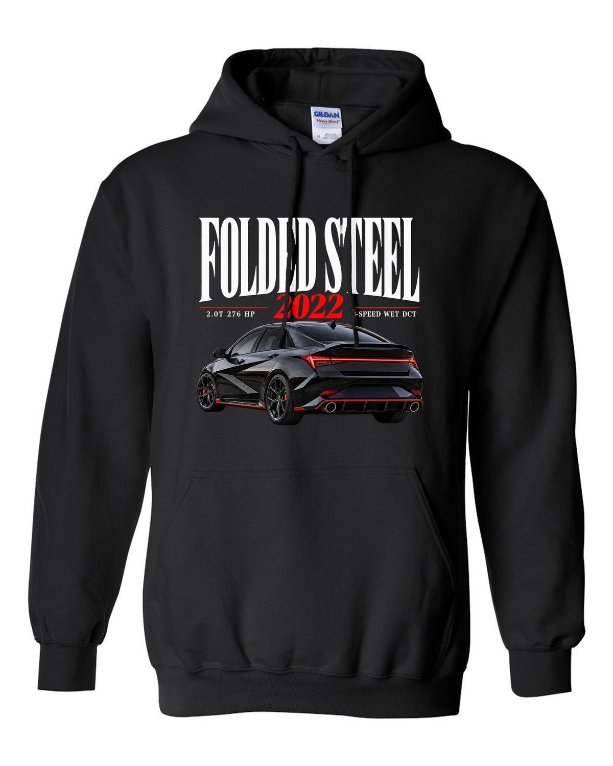 Hyundai Elantra N CN7 editorial headline design with folded steel light bar black pull over hoodie front view with the design
