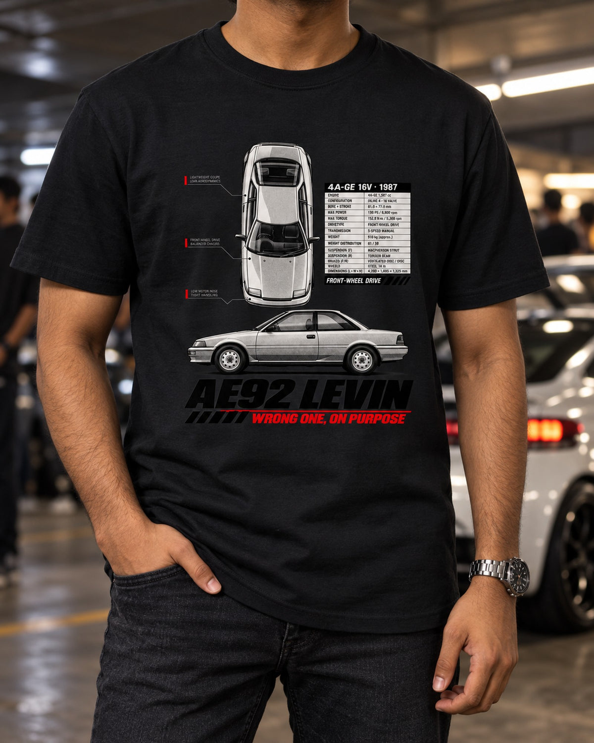 Toyota Corolla Levin AE92 Front-Drive Spec Poster Shirt, 4A-GE T-Shirt Black worn hero