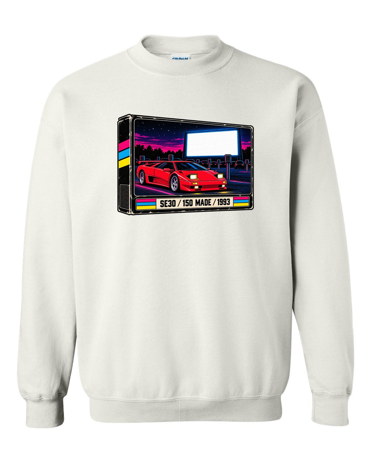 VHS cassette packaging style print of a 1993 Lamborghini Diablo SE30 with 150 made lettering white crewneck front view with the design