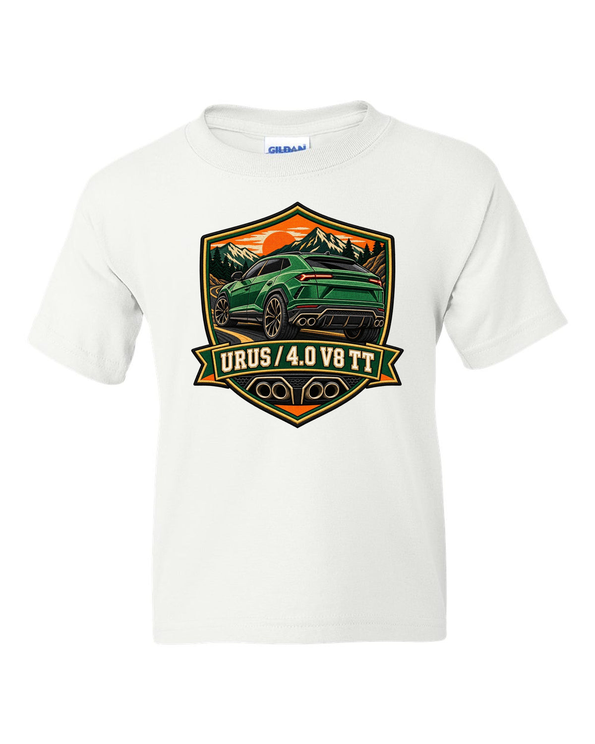 Embroidery-style shield crest of a Lamborghini Urus with 4.0 V8 TT text white kids tee front view with the design