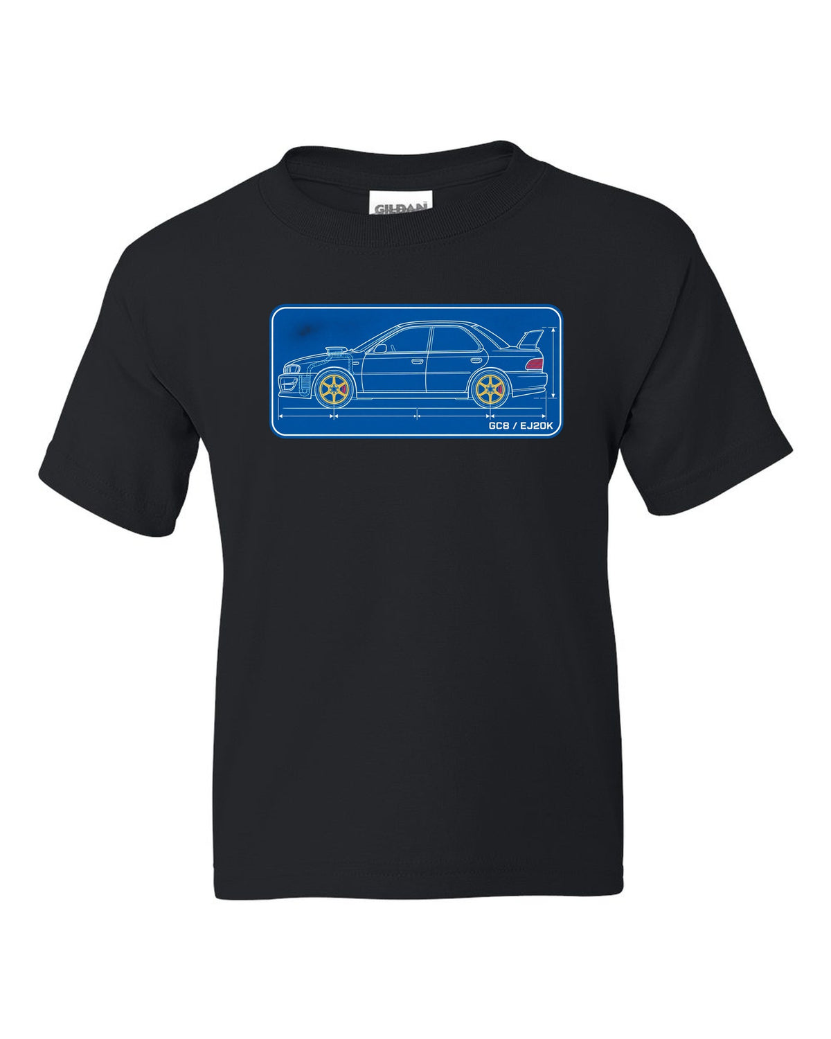 Cyanotype blueprint of a Subaru Impreza WRX GC8 hood scoop with EJ20K text black kids tee front view with the design