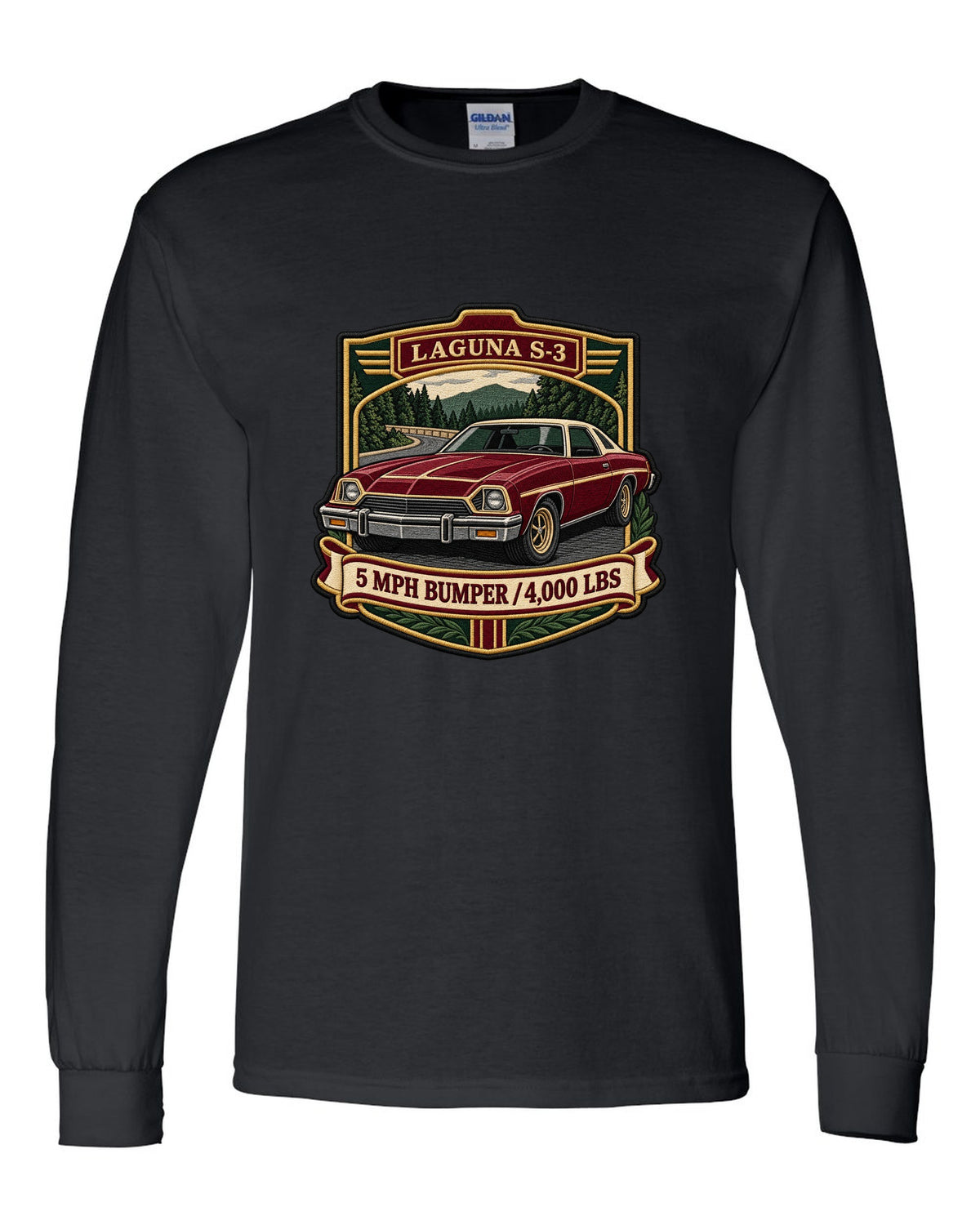 Embroidery patch style crest illustration of a 1973 Chevrolet Chevelle Laguna S-3 black long sleeve front view with the design