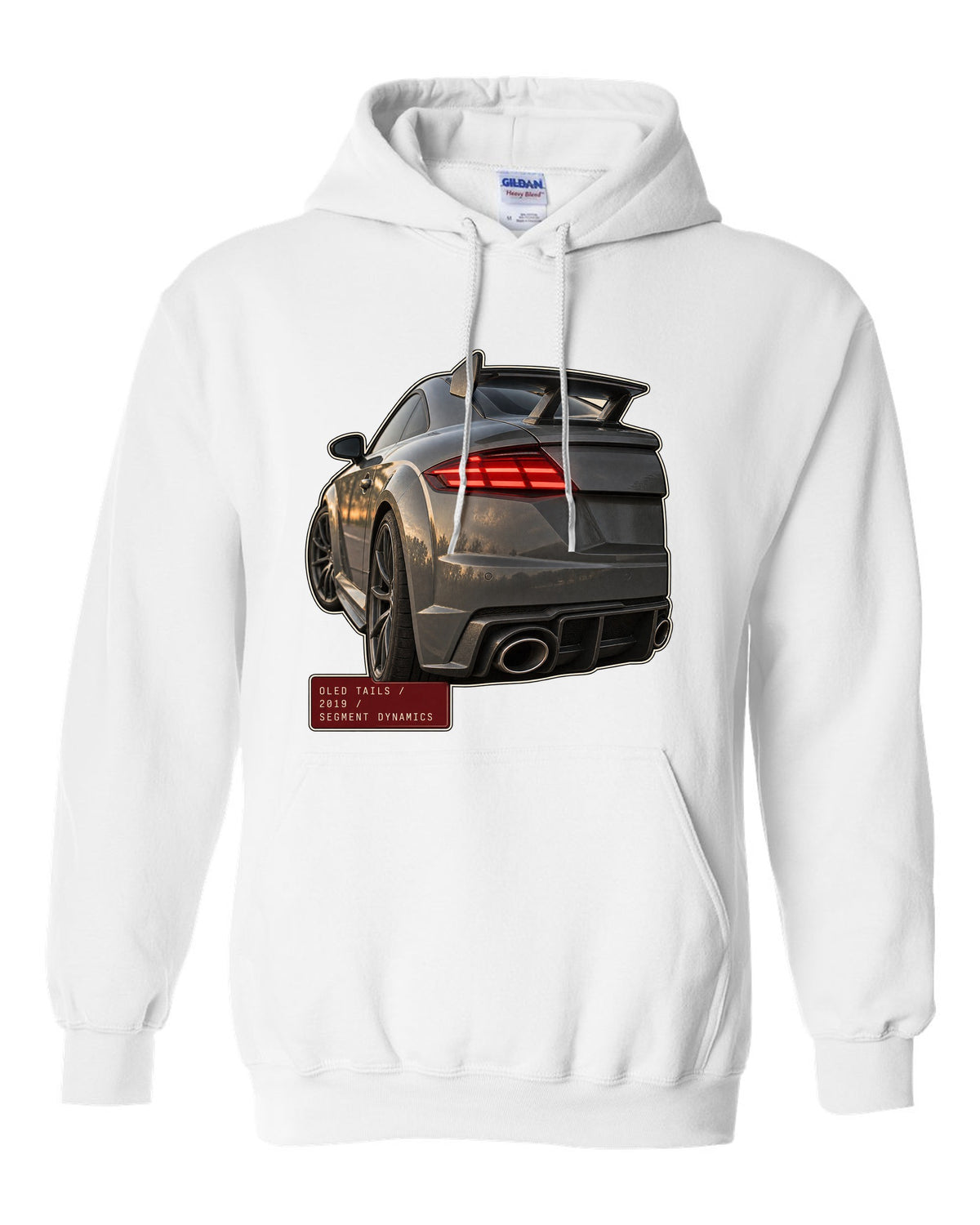 Audi TT RS facelift OLED taillight macro print white pull over hoodie front view with the design