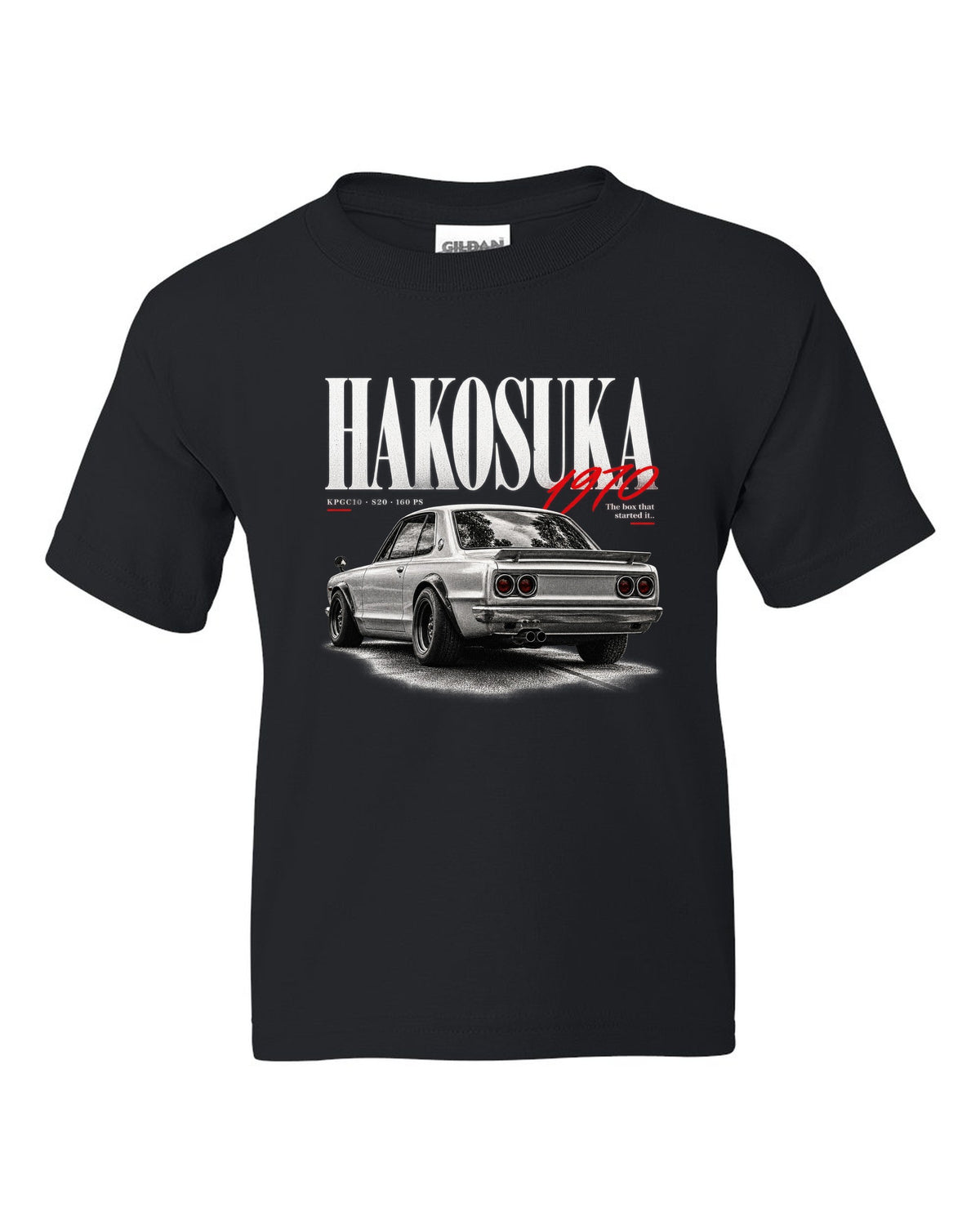 Editorial headline print of a Nissan Skyline 2000GT-R KPGC10 Hakosuka black kids tee front view with the design
