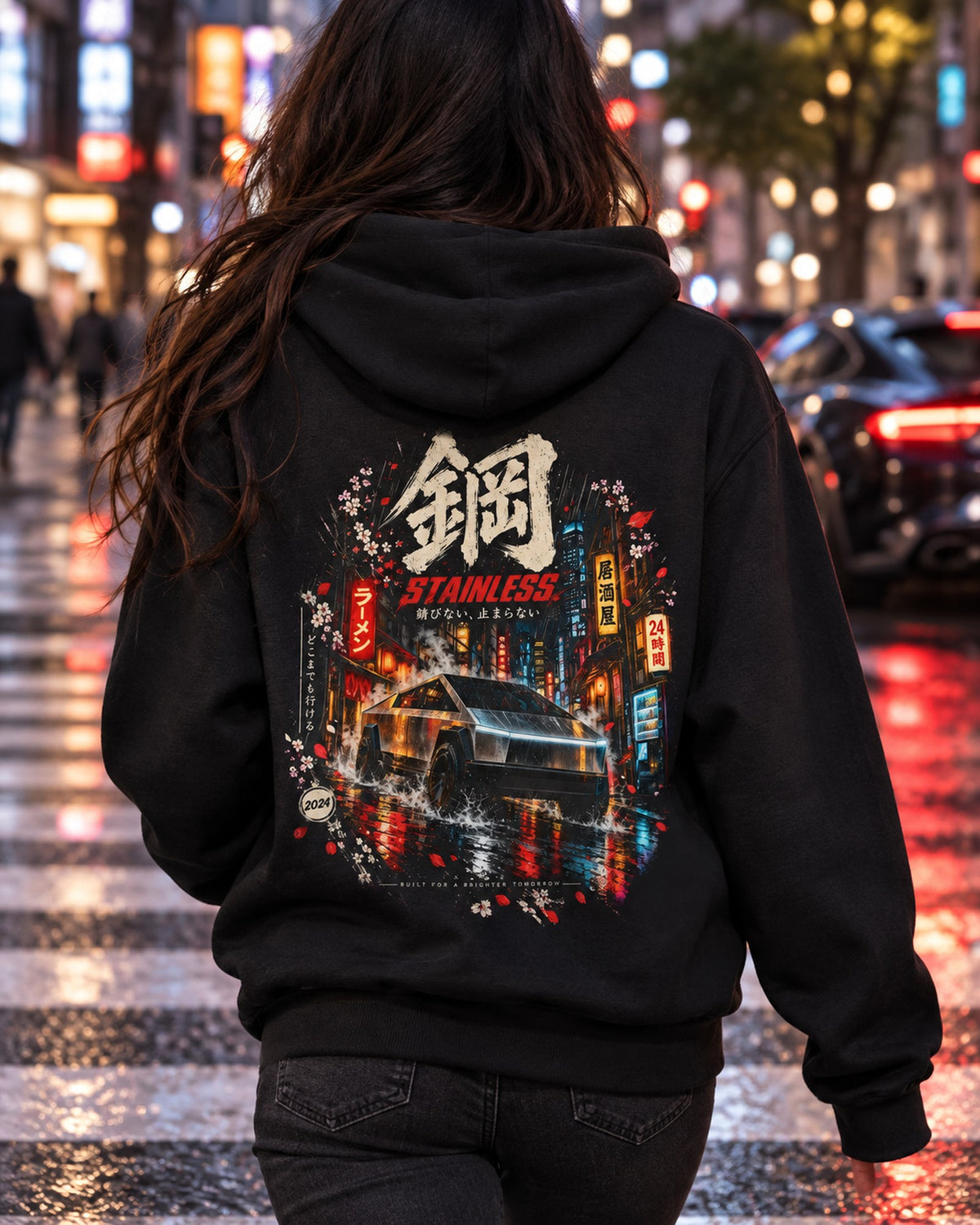 Tesla Cybertruck Stainless Shirt, Hoodie & More Pull Over Hoodie Black worn hero