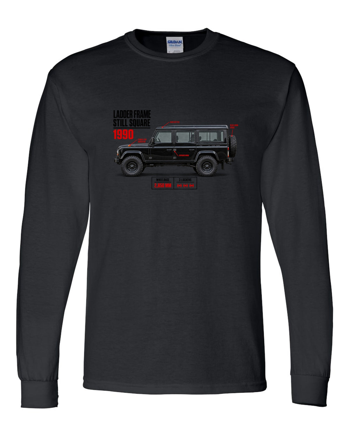 print spec poster of a Mercedes G-Class W463 with text ladder frame, 1990, still square black long sleeve front view with the design