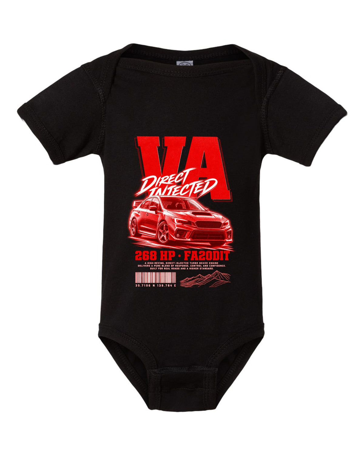 Street poster print for the Subaru WRX VA reading Direct Injected, 268 HP, FA20DIT black baby onesie front view with the design