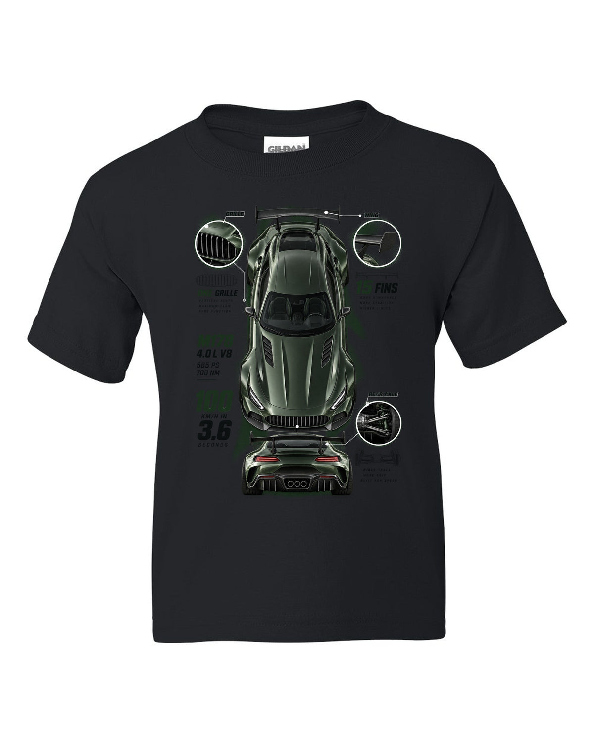 Spec poster print of a Mercedes-AMG GT R C190 with 100 km/h in 3.6 and 15 fins lettering black kids tee front view with the design