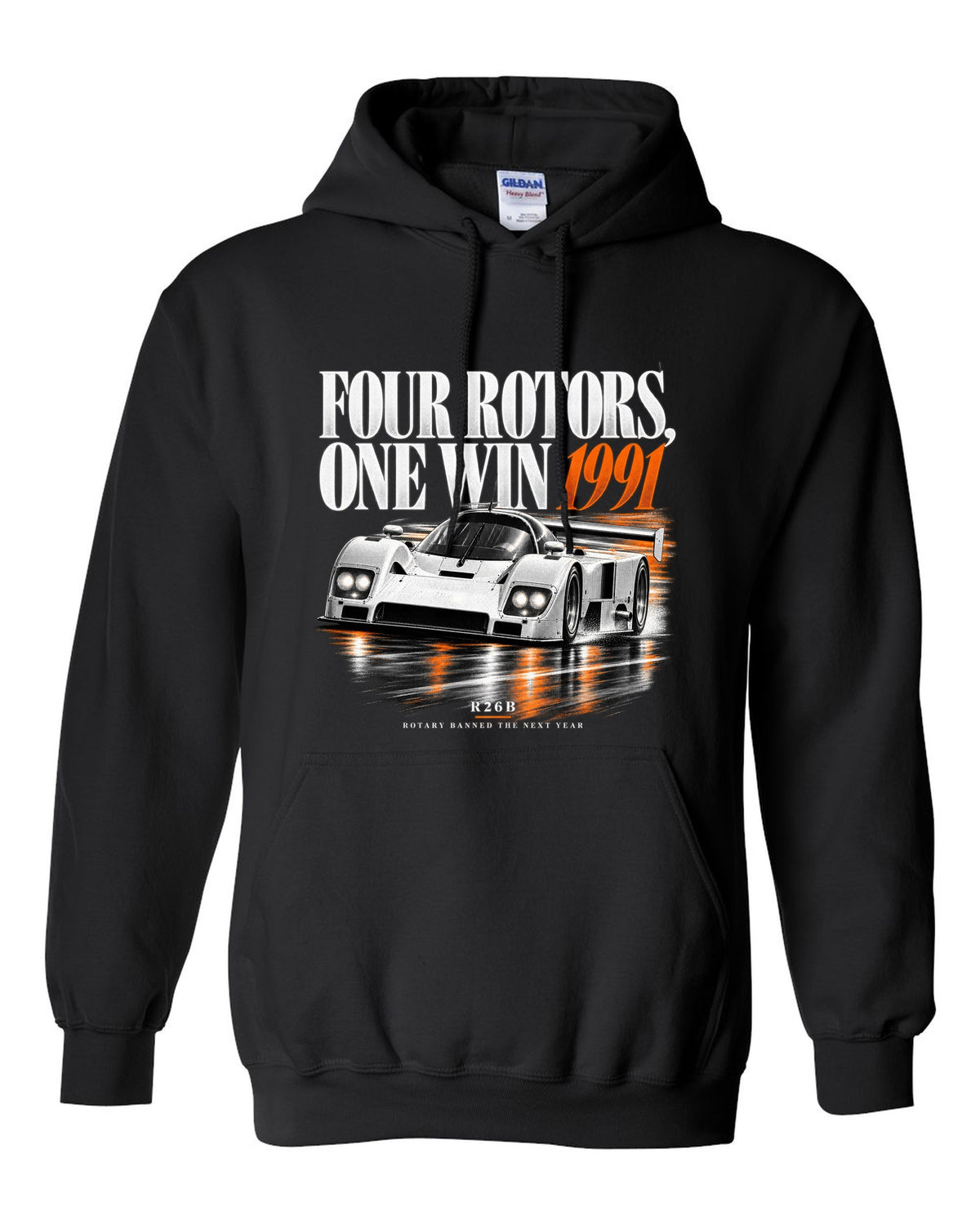 Mazda 787B four rotors editorial headline print, 1991 R26B black pull over hoodie front view with the design