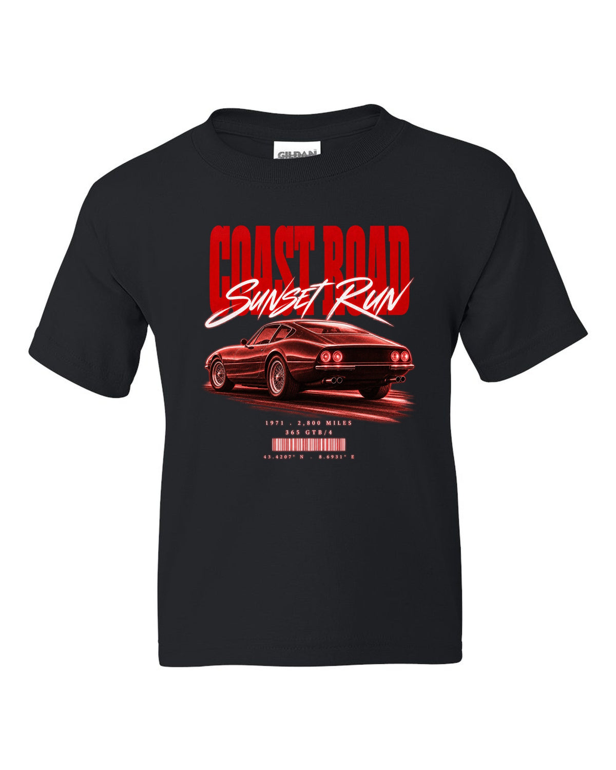 Street poster print of a Ferrari 365 GTB/4 Daytona with Coast Road, Sunset Run, 1971, 2,800 miles black kids tee front view with the design