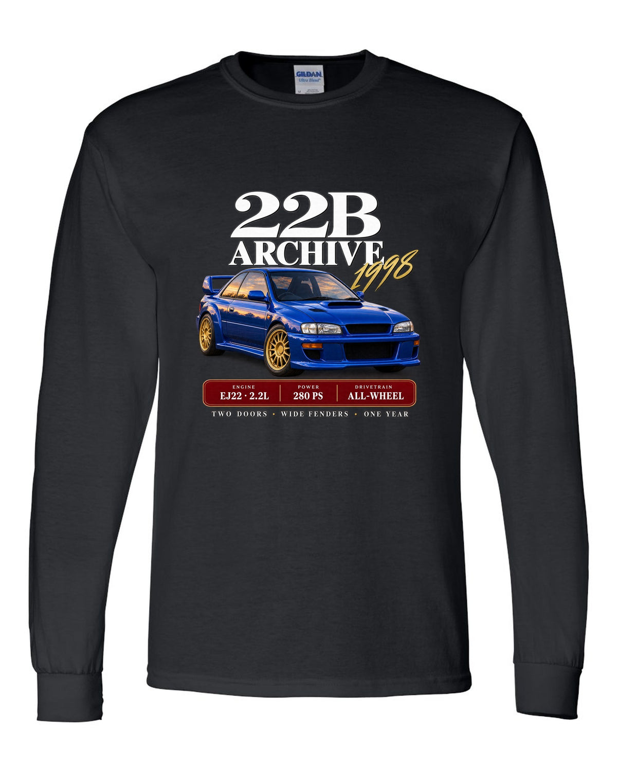 Subaru Impreza 22B STI 1998 archive panel with EJ22 2.2L 280 PS specs black long sleeve front view with the design