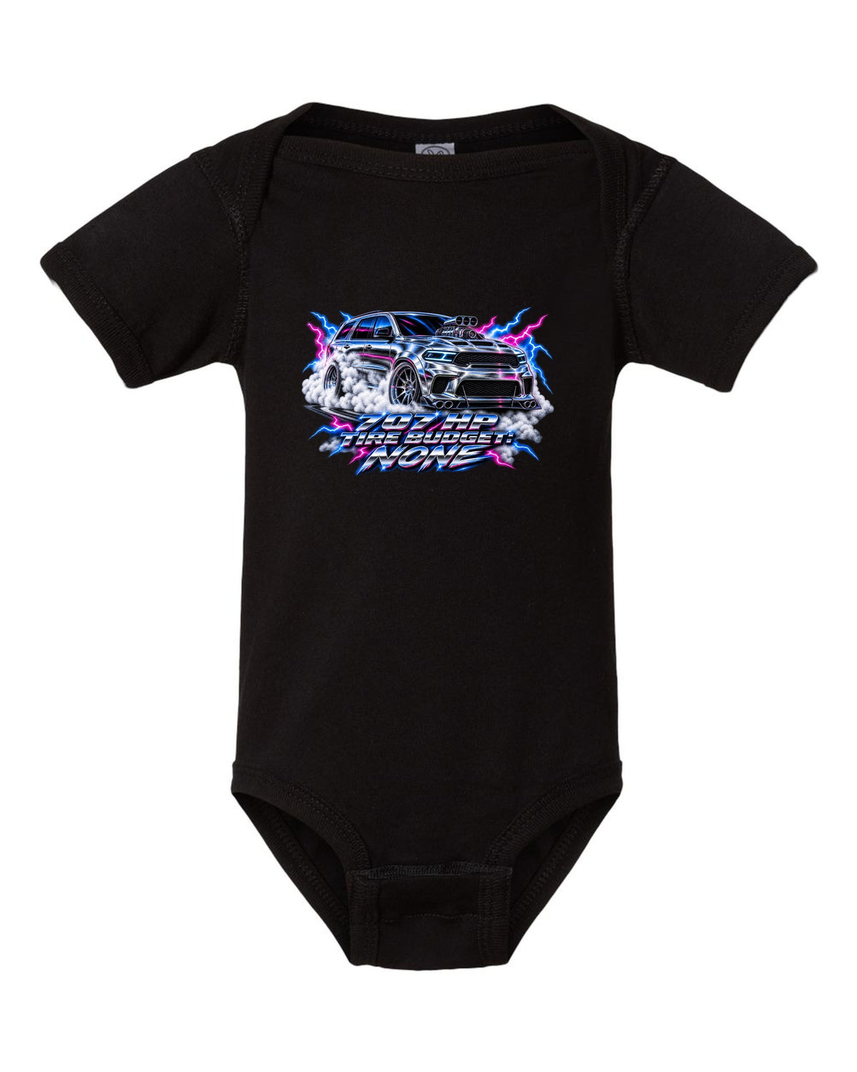 80s airbrush chrome print of a Jeep Grand Cherokee WK2 Trackhawk with 707 HP text black baby onesie front view with the design