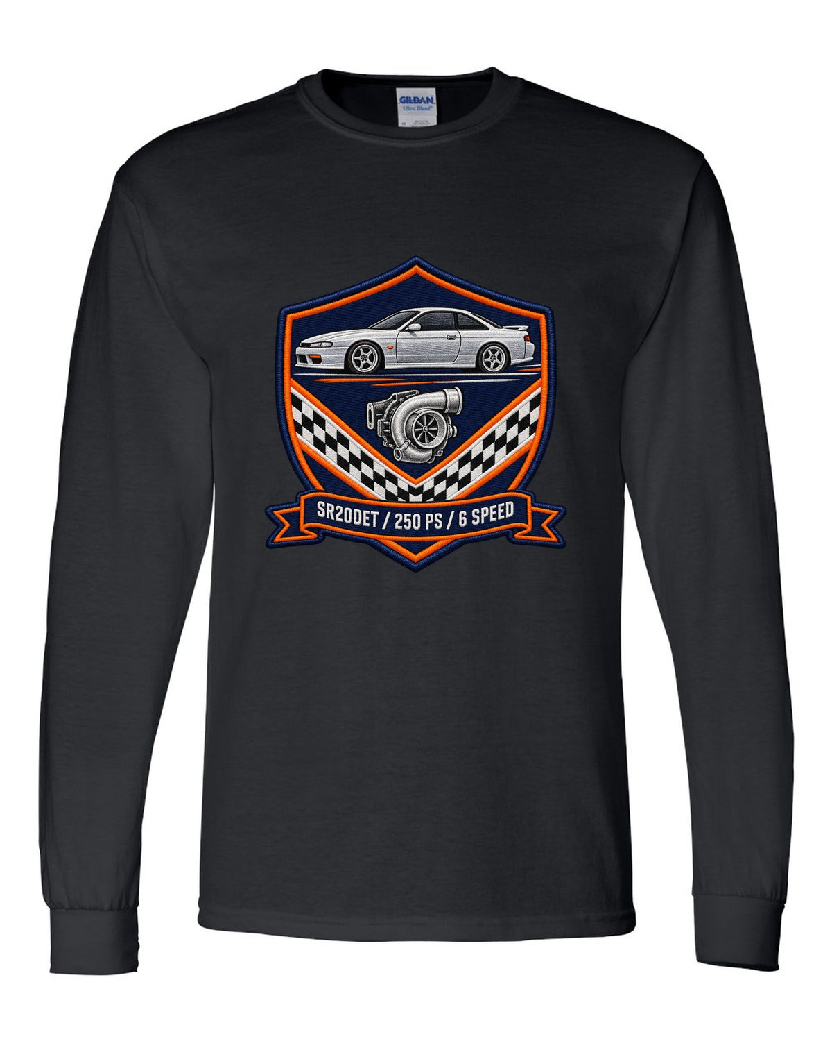 Embroidery-style shield crest print for the Nissan Silvia S15 with SR20DET 250 PS 6 speed lettering black long sleeve front view with the design