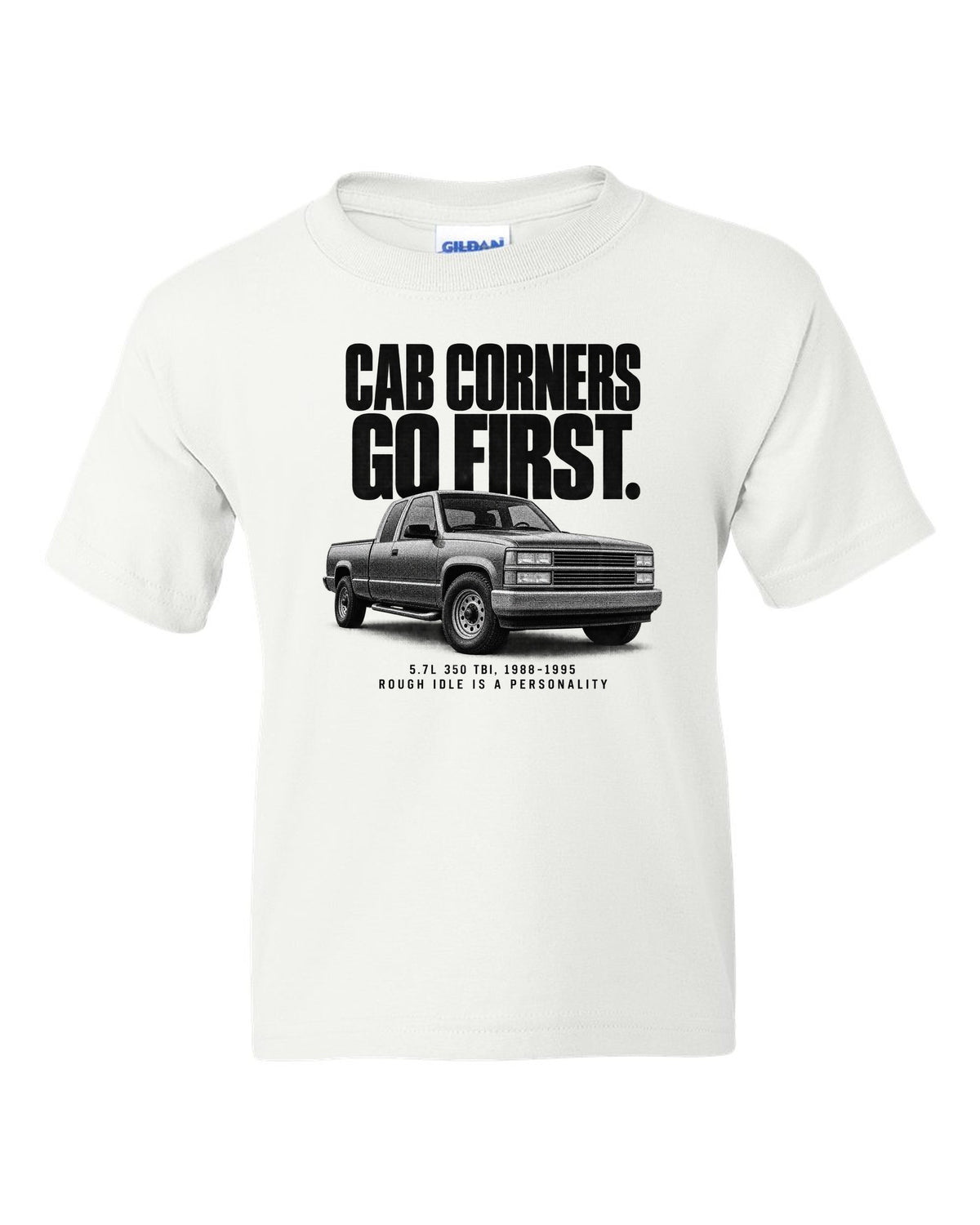 Halftone print of a 1988-98 Chevrolet GMT400 C1500 OBS with 5.7L 350 TBI text white kids tee front view with the design