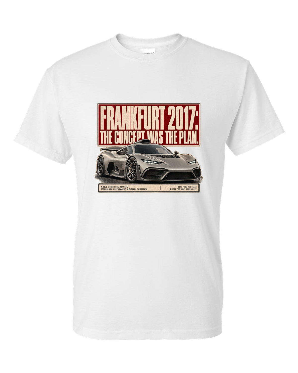 Mercedes-AMG Project One concept Frankfurt 2017 editorial headline design white t-shirt front view with the design