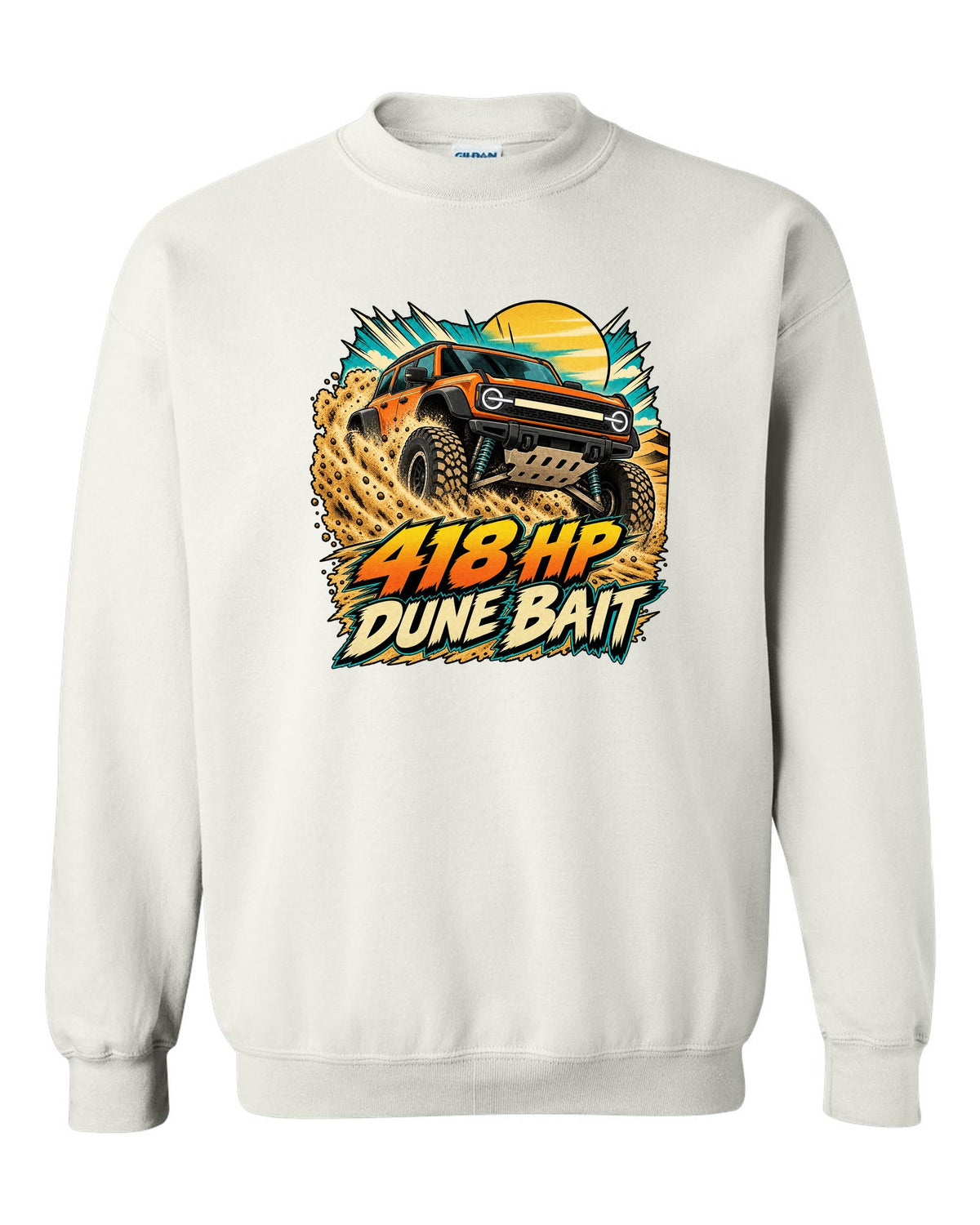 Ford Bronco Raptor U725 in a retro manga halftone dune panel print white crewneck front view with the design