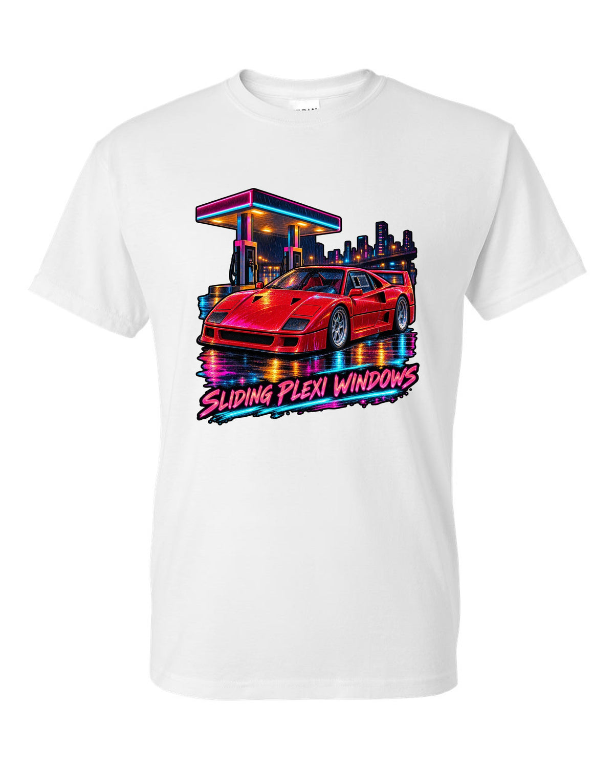 Neon night-city gouache print of a 1987 Ferrari F40 F120 with sliding plexi windows text white t-shirt front view with the design