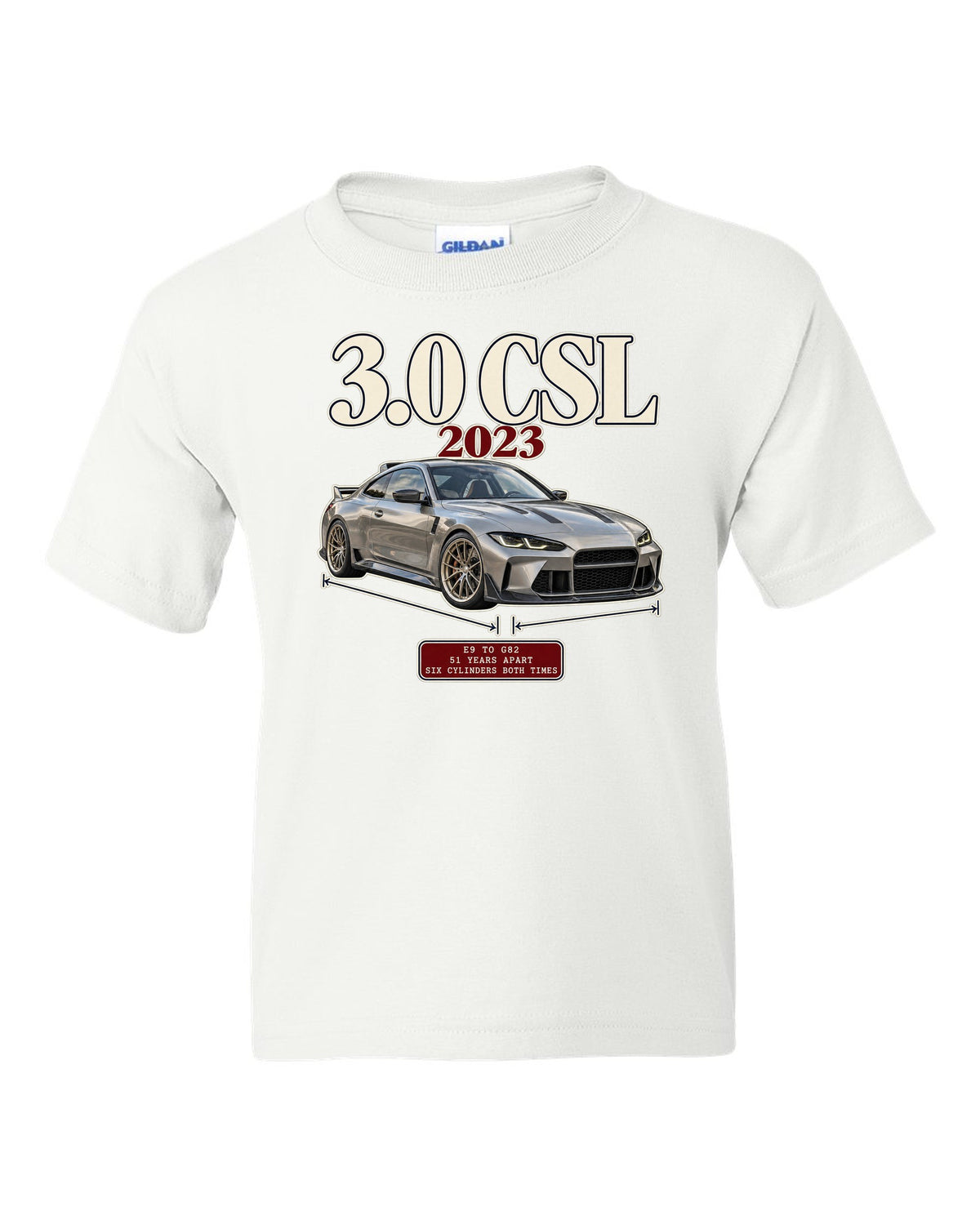 BMW 3.0 CSL E9 to G82 archive panel print white kids tee front view with the design