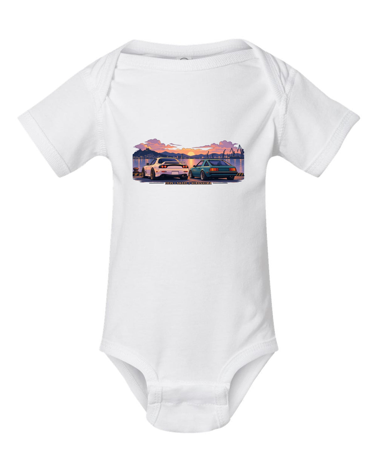 Ukiyo-e woodblock illustration of a Mazda RX-7 FD3S on a touge hairpin with 50/50 / 1280 KG lettering white baby onesie front view with the design