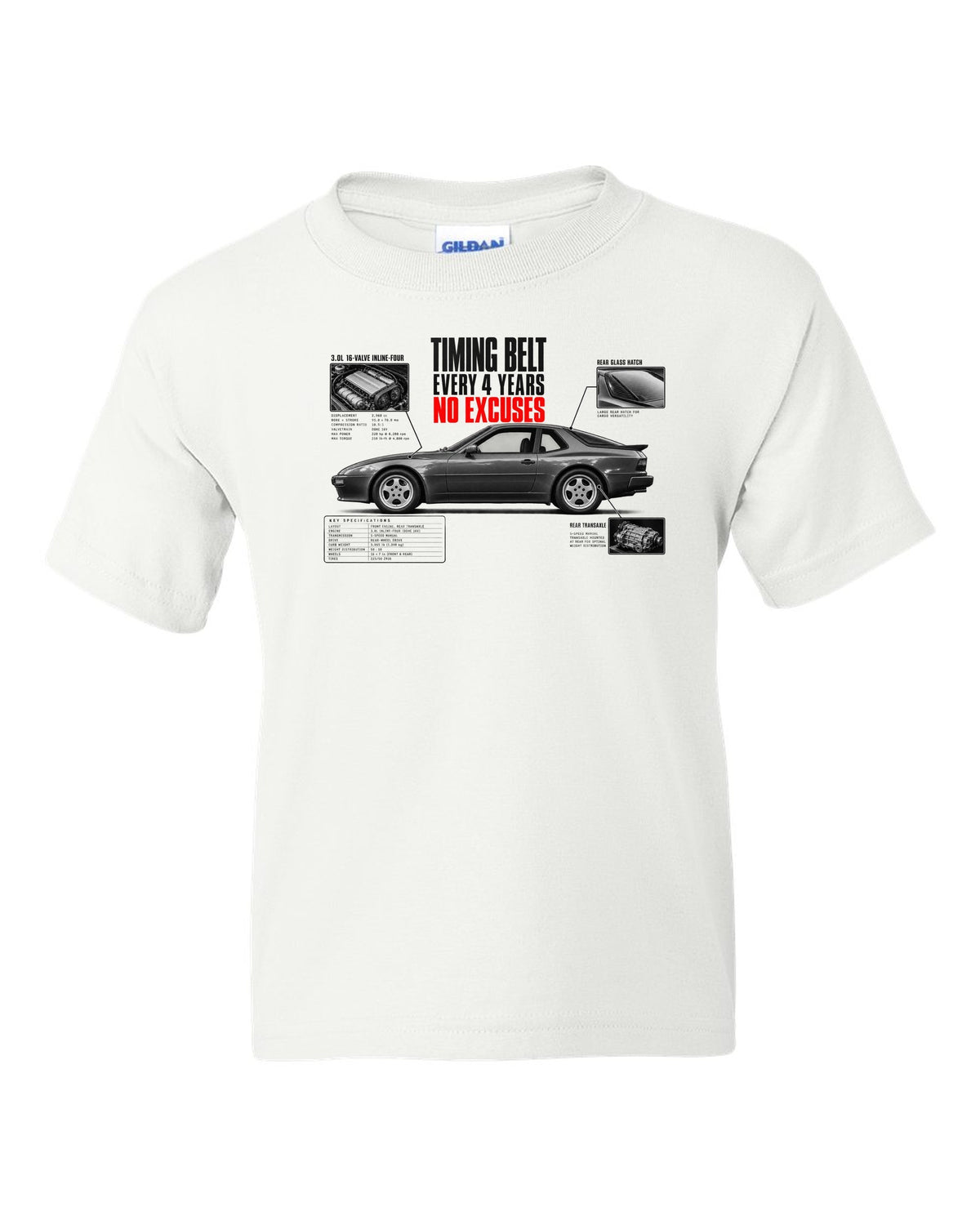 Spec poster print for a Porsche 944 S2 with a timing belt every 4 years caption white kids tee front view with the design