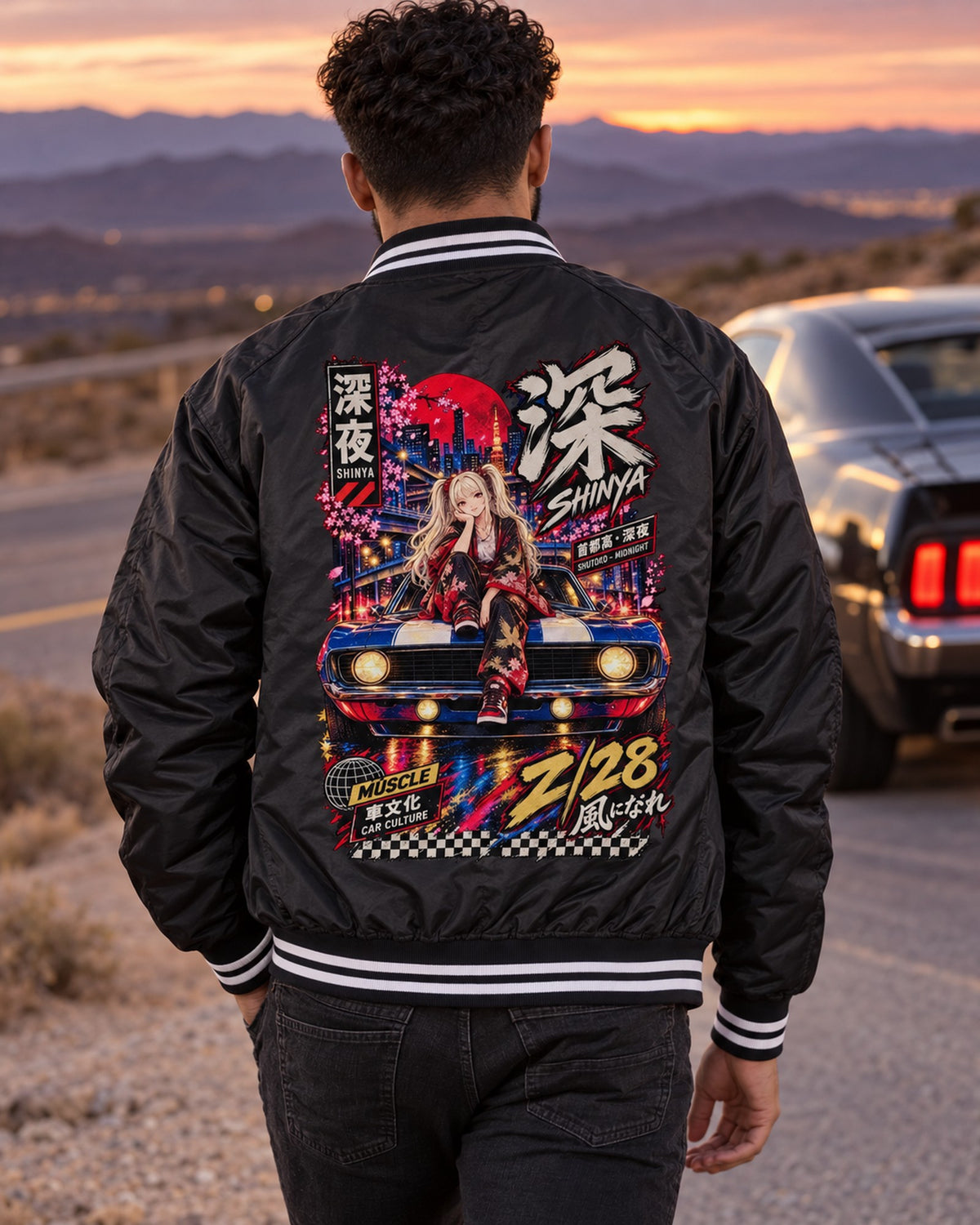 SHINYA Z/28 Anime Girl Full-Back Graphic Tee Bomber Jacket Black worn hero