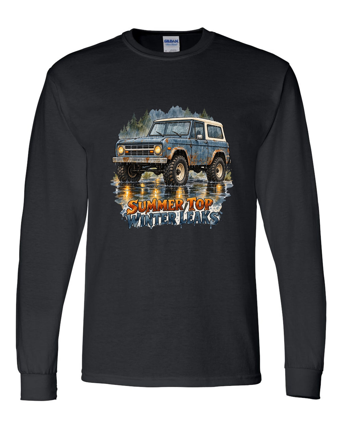 Watercolour wash print of a 1969 first-generation Chevrolet K5 Blazer with summer top winter leaks text black long sleeve front view with the design