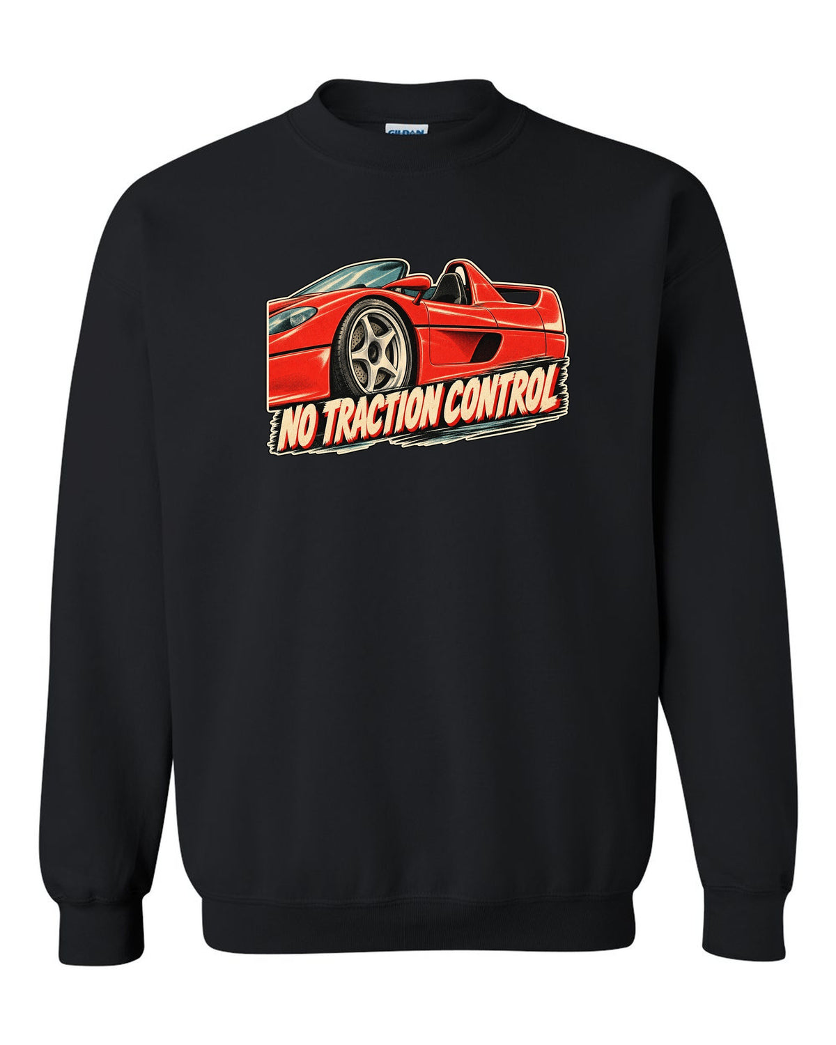 Retro Japanese showa advert style print of a 1995 Ferrari F50 F130 with no traction control text black crewneck front view with the design