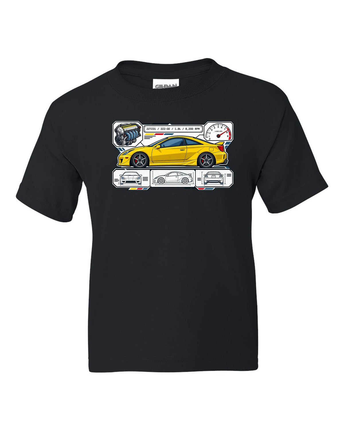 Spec sheet data plate for a Toyota Celica ZZT231 listing 2ZZ-GE, 1.8L and 8,200 RPM black kids tee front view with the design