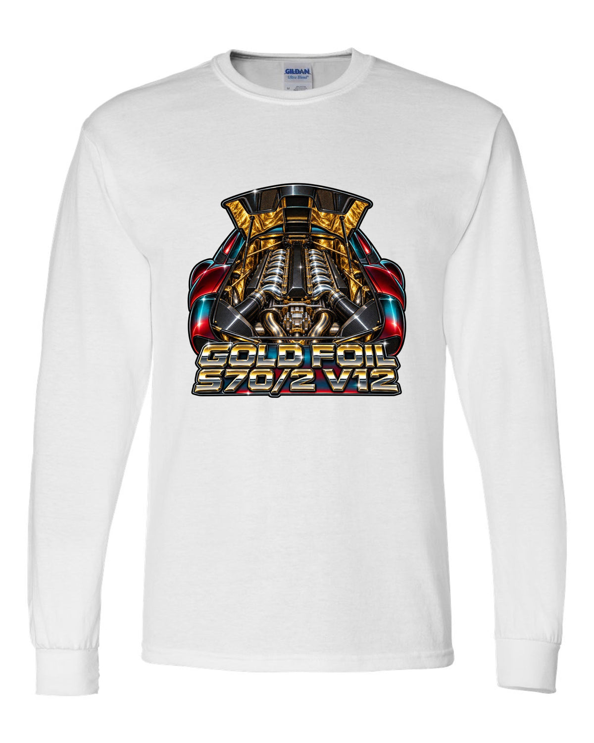 80s airbrush chrome print of the McLaren F1 gold foil engine bay with S70/2 V12 lettering white long sleeve front view with the design
