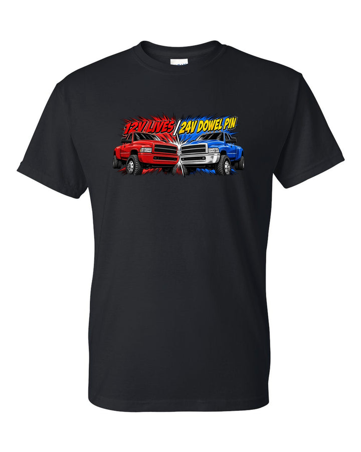 Retro manga halftone print of two Dodge Ram 2nd gen trucks with 12V lives and 24V dowel pin text black t-shirt front view with the design