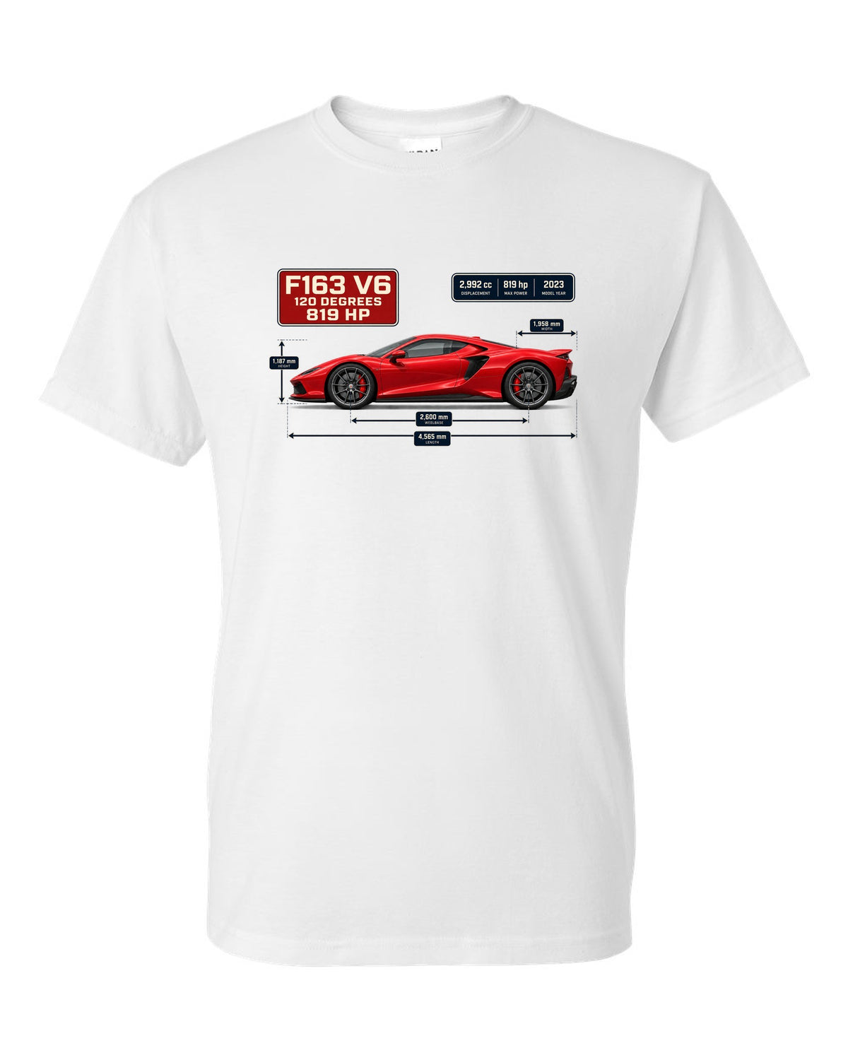Blueprint style print of a signal red Ferrari 296 GTB with dimension lines white t-shirt front view with the design