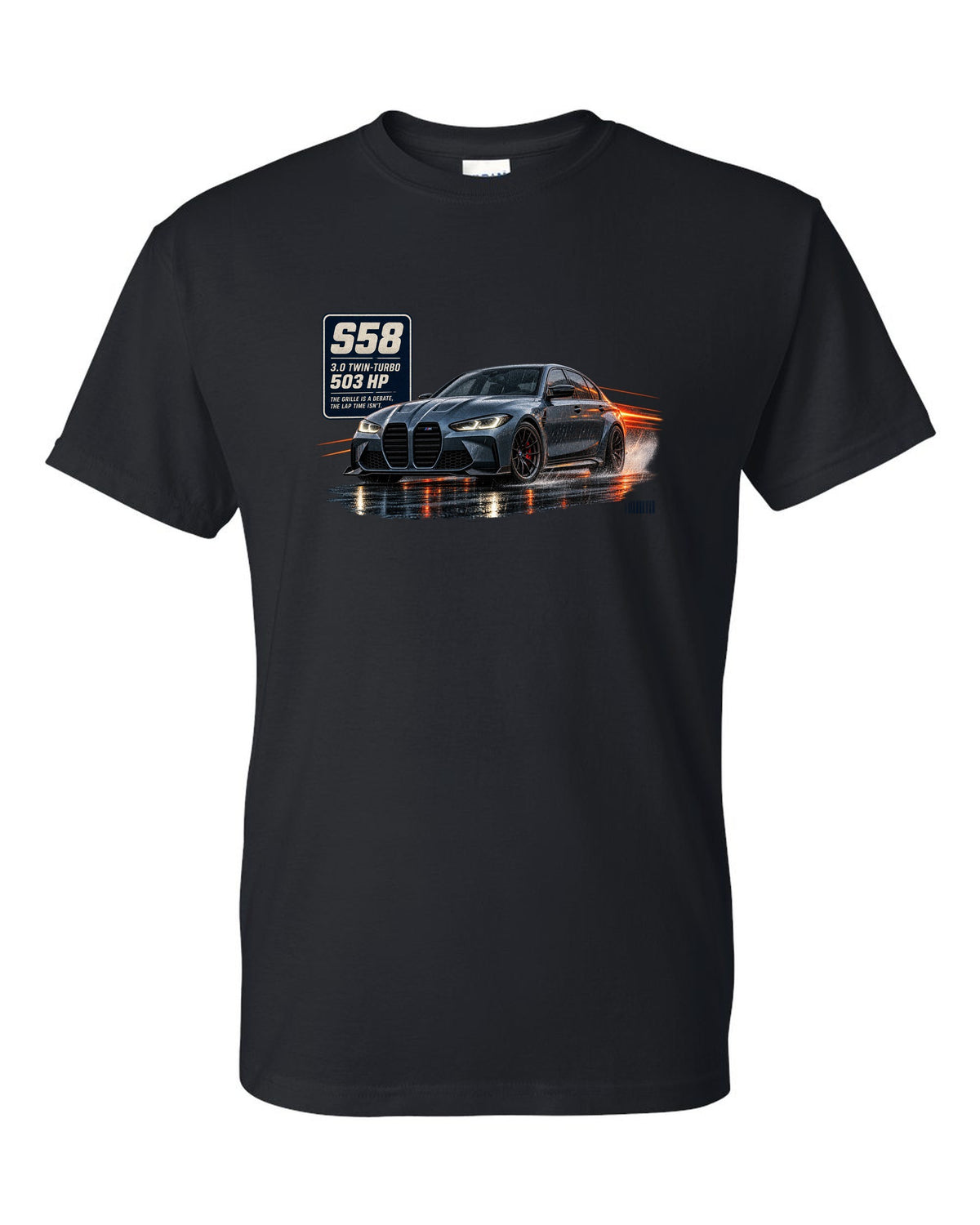 print of a BMW M3 Competition G80 on a night touge road in blue-grey black t-shirt front view with the design