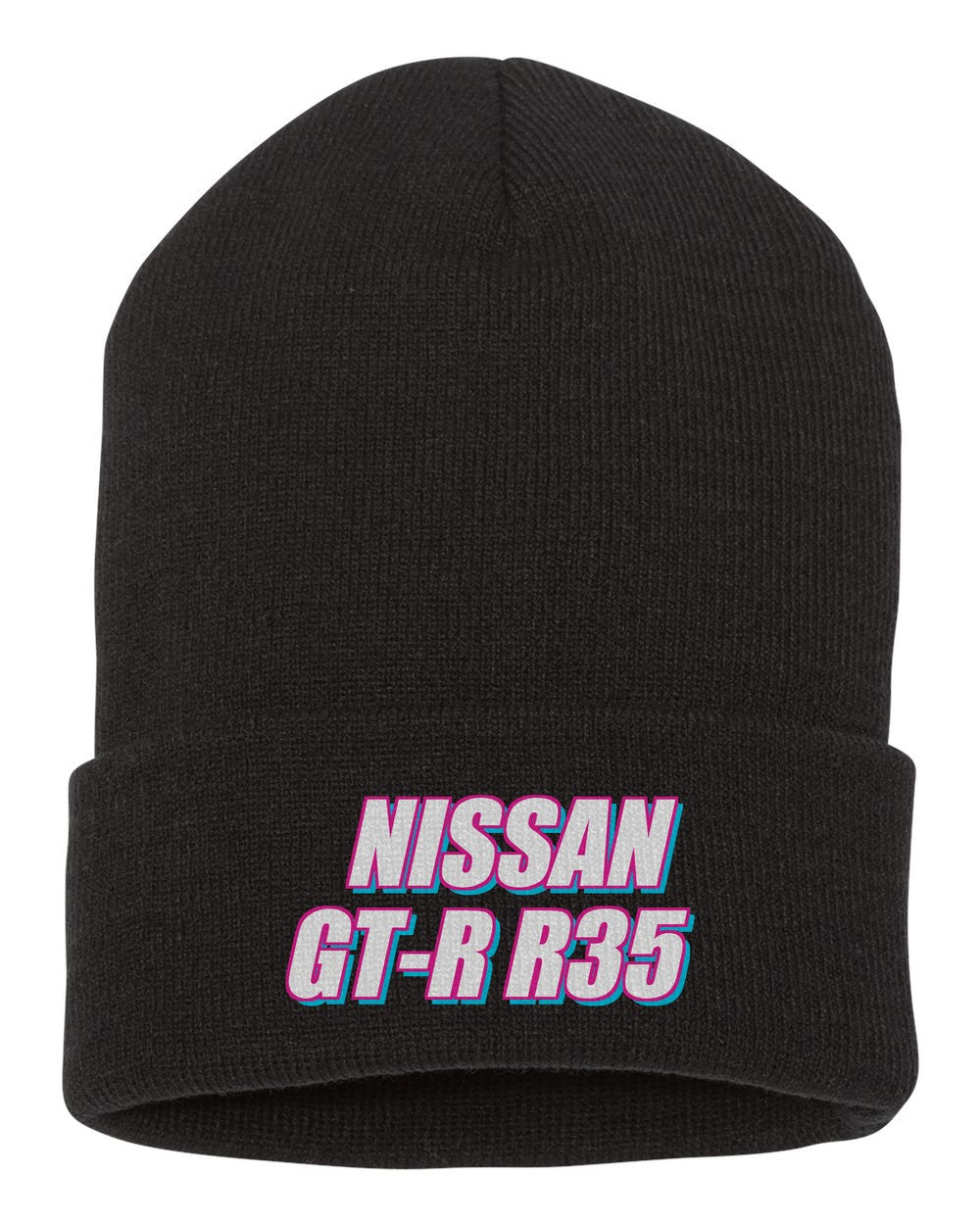 Nissan Gt-R R35 black beanie front view with car name