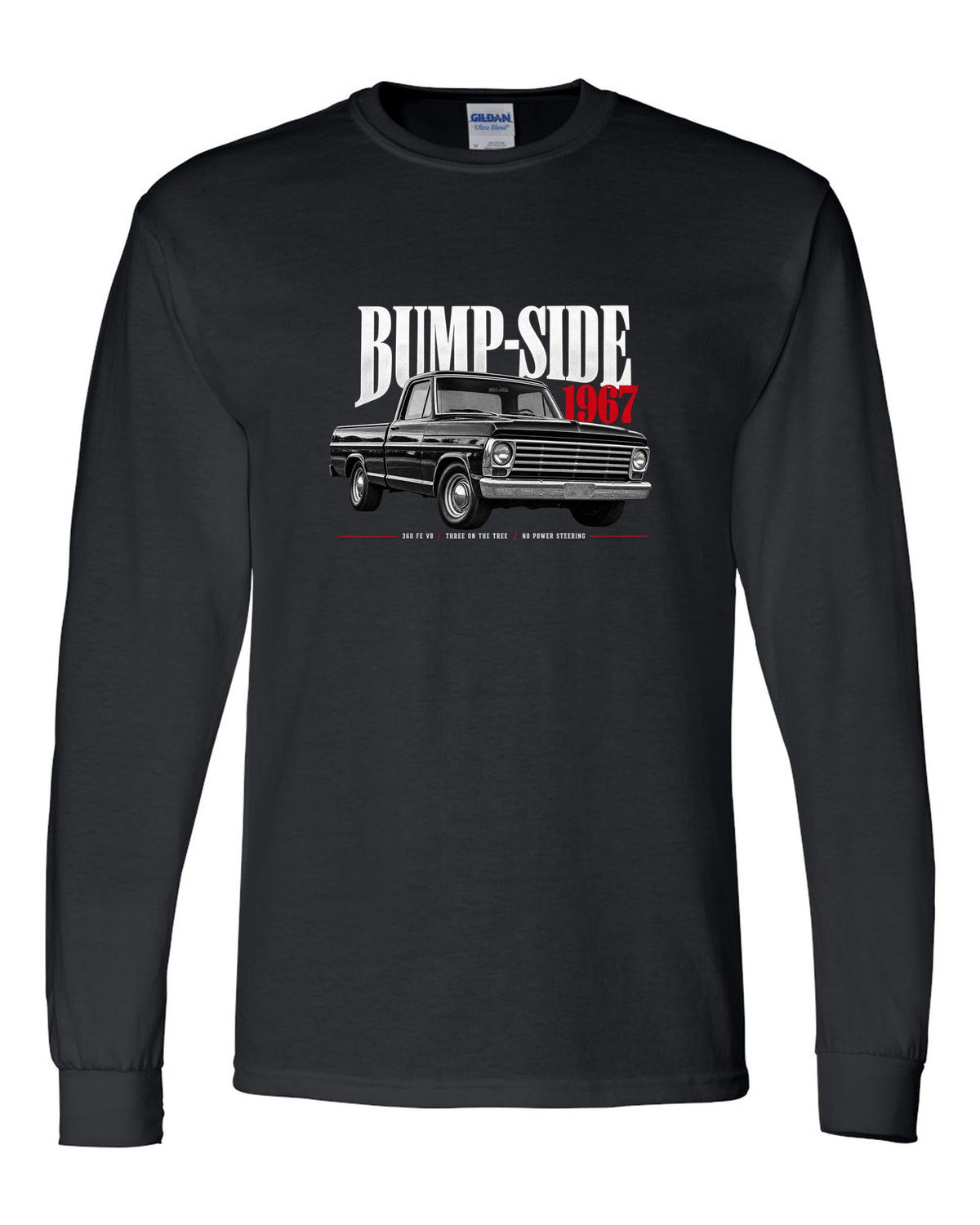 Ford F-Series Bump-Side 1967 360 FE V8 Editorial Graphic Tee black long sleeve front view with the design