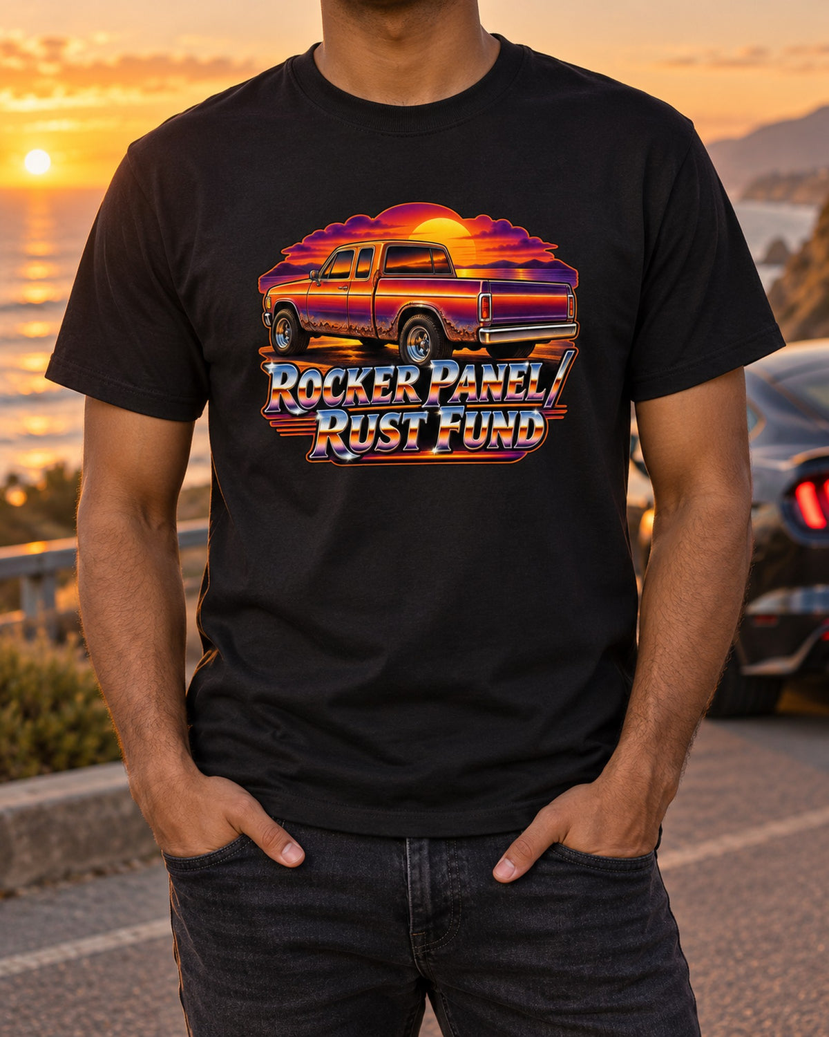 Silverado NBS GMT800 70s Airbrush Sunset Tee, Rust Fund T-Shirt Black worn hero