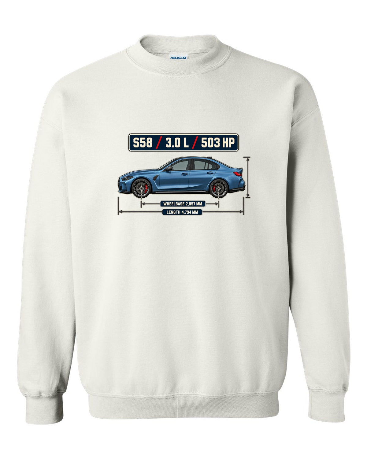 BMW M3 Competition G80 dimension blueprint print with S58 specs white crewneck front view with the design