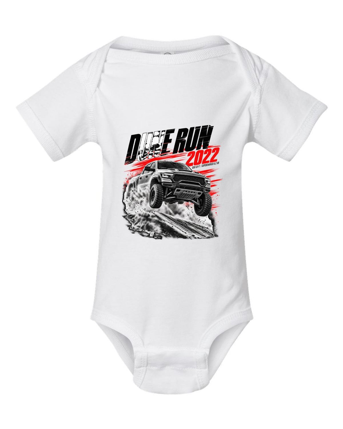 Race poster of a 2022 Ram 1500 TRX jumping a dune with the text Dune Run 2022, 650 lb-ft white baby onesie front view with the design