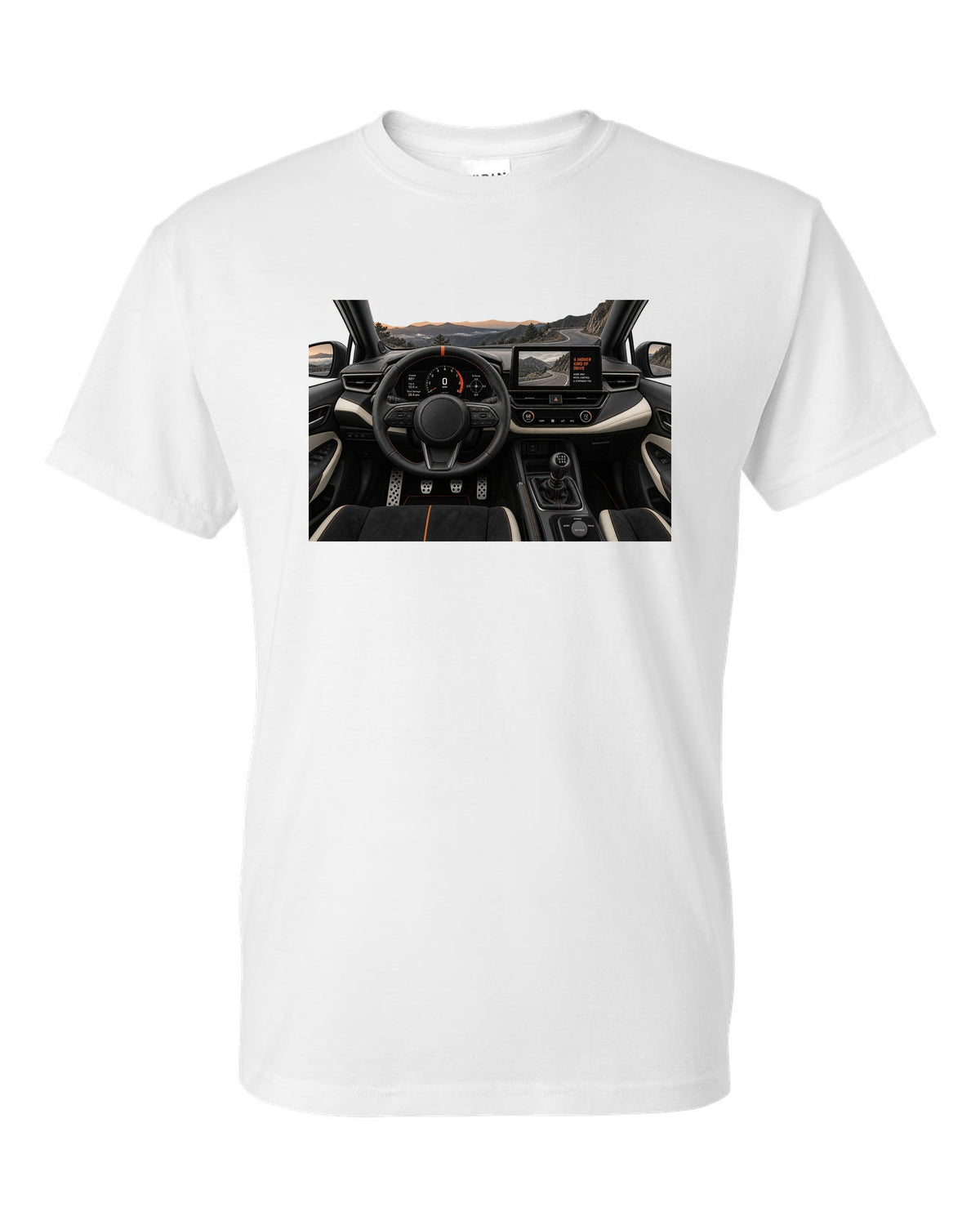 Toyota GR Corolla Morizo Edition at night on a touge-style road with spec text white t-shirt front view with the design