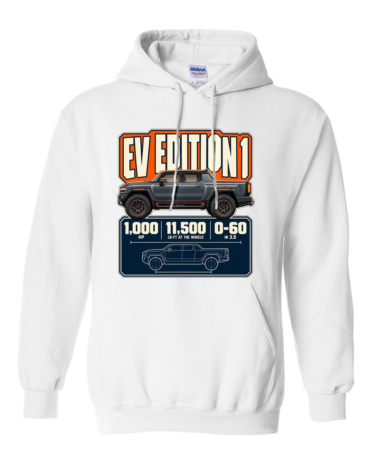 Spec poster print of the Hummer EV Edition 1 with horsepower and torque figures white pull over hoodie front view with the design