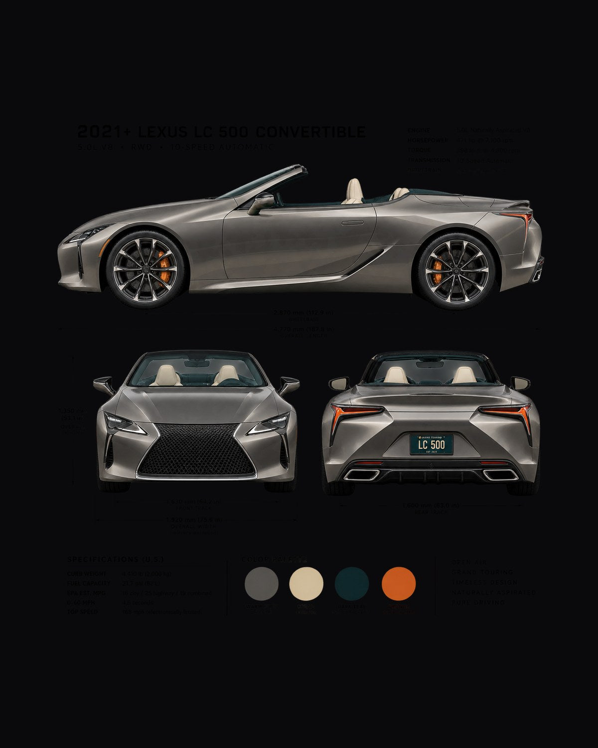 Lexus LC 500 Convertible Three-View Shirt, Top Down V8 Up design only