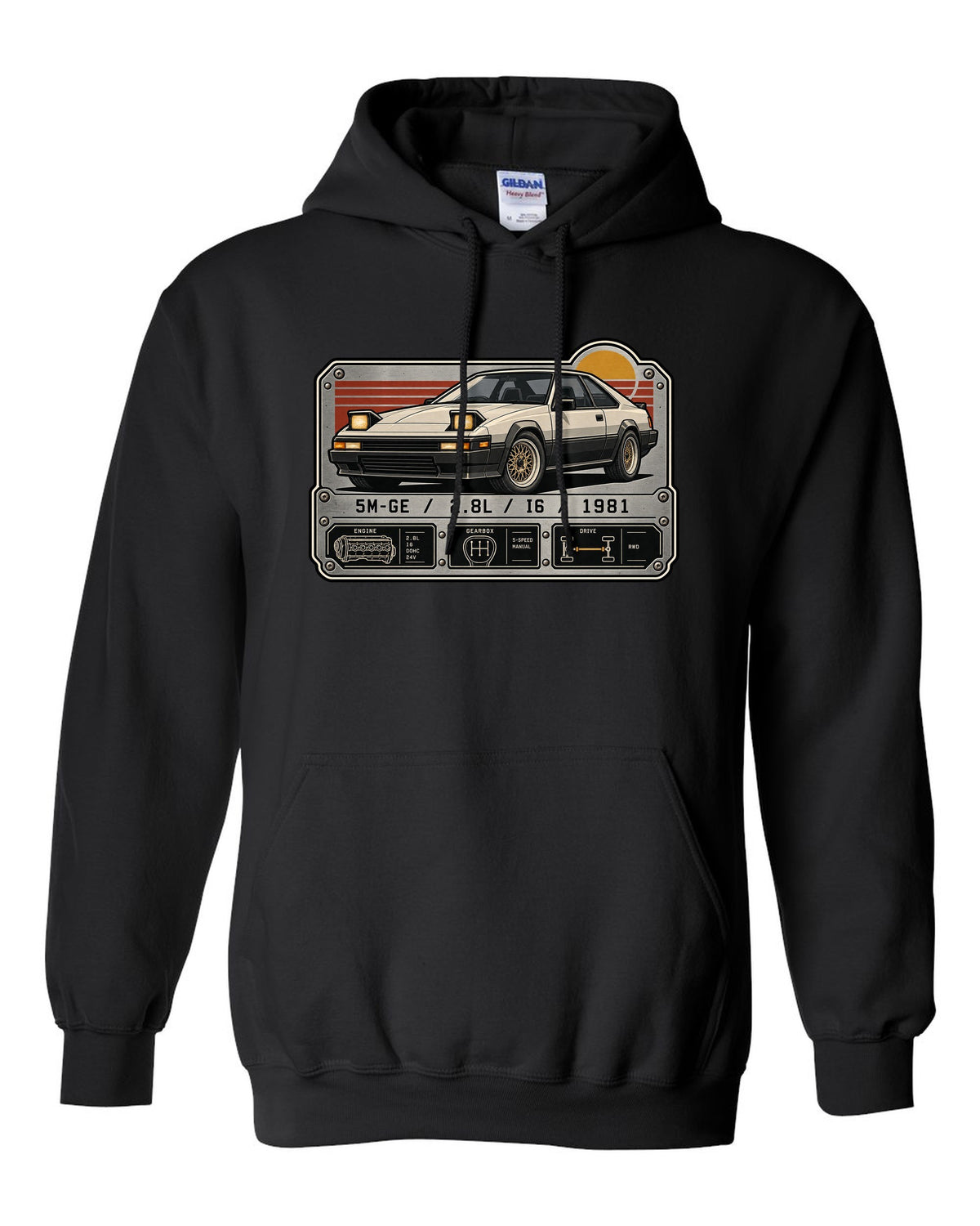 Spec-sheet data plate for the Toyota Supra A60 MA61 5M-GE 2.8L inline six black pull over hoodie front view with the design