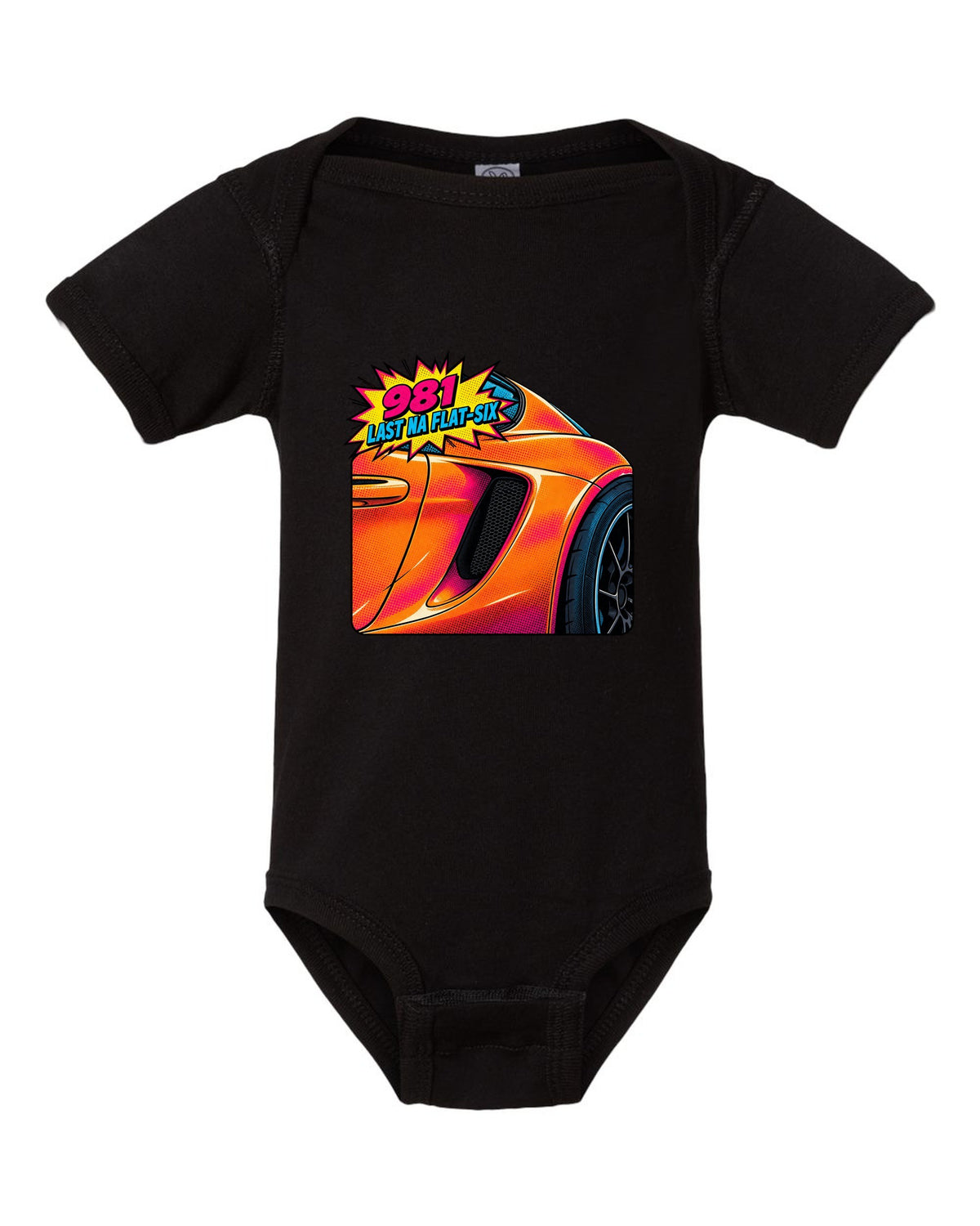 Pop-art halftone print of a Porsche 981 Cayman GTS intake with the text 981, last NA flat-six black baby onesie front view with the design