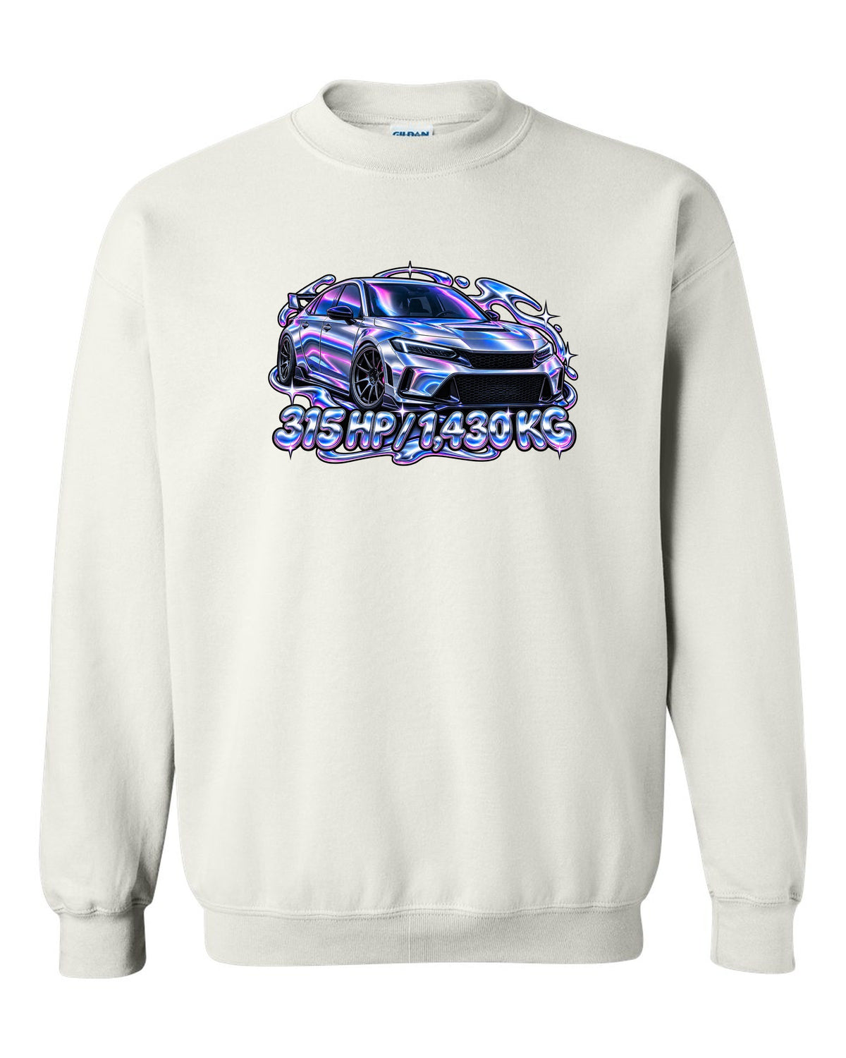 Y2K chrome gradient print of a Honda Civic Type R FL5 with 315 HP and 1,430 KG text white crewneck front view with the design
