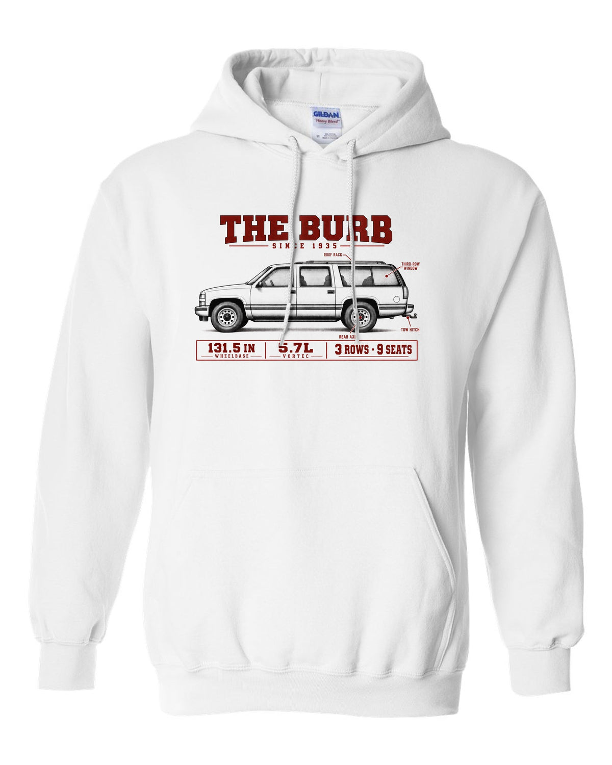 1992-99 Chevy Suburban GMT400 spec poster print white pull over hoodie front view with the design