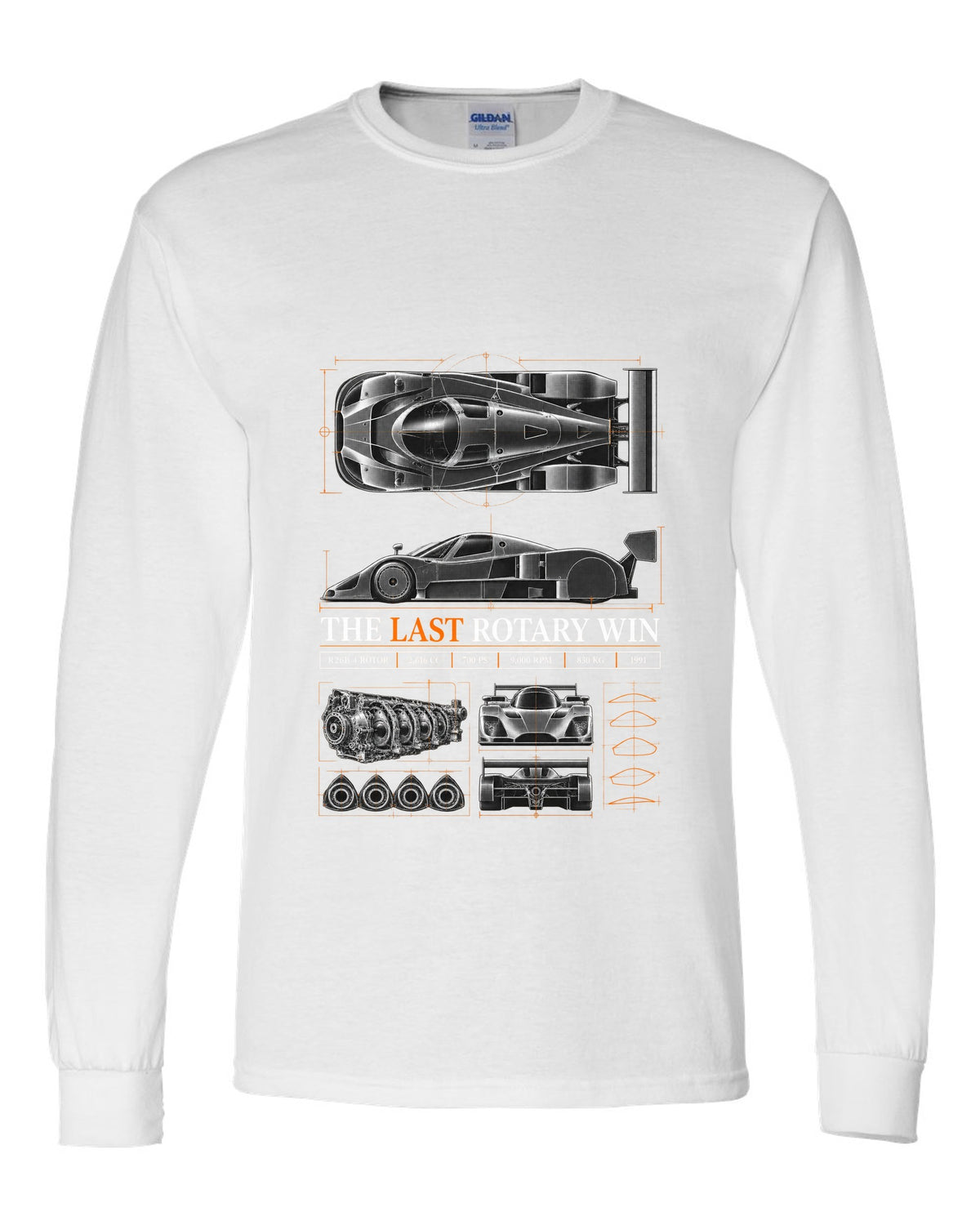 Spec poster print for the 1991 Mazda 787B with R26B four-rotor, 700 PS and 830 kg figures white long sleeve front view with the design